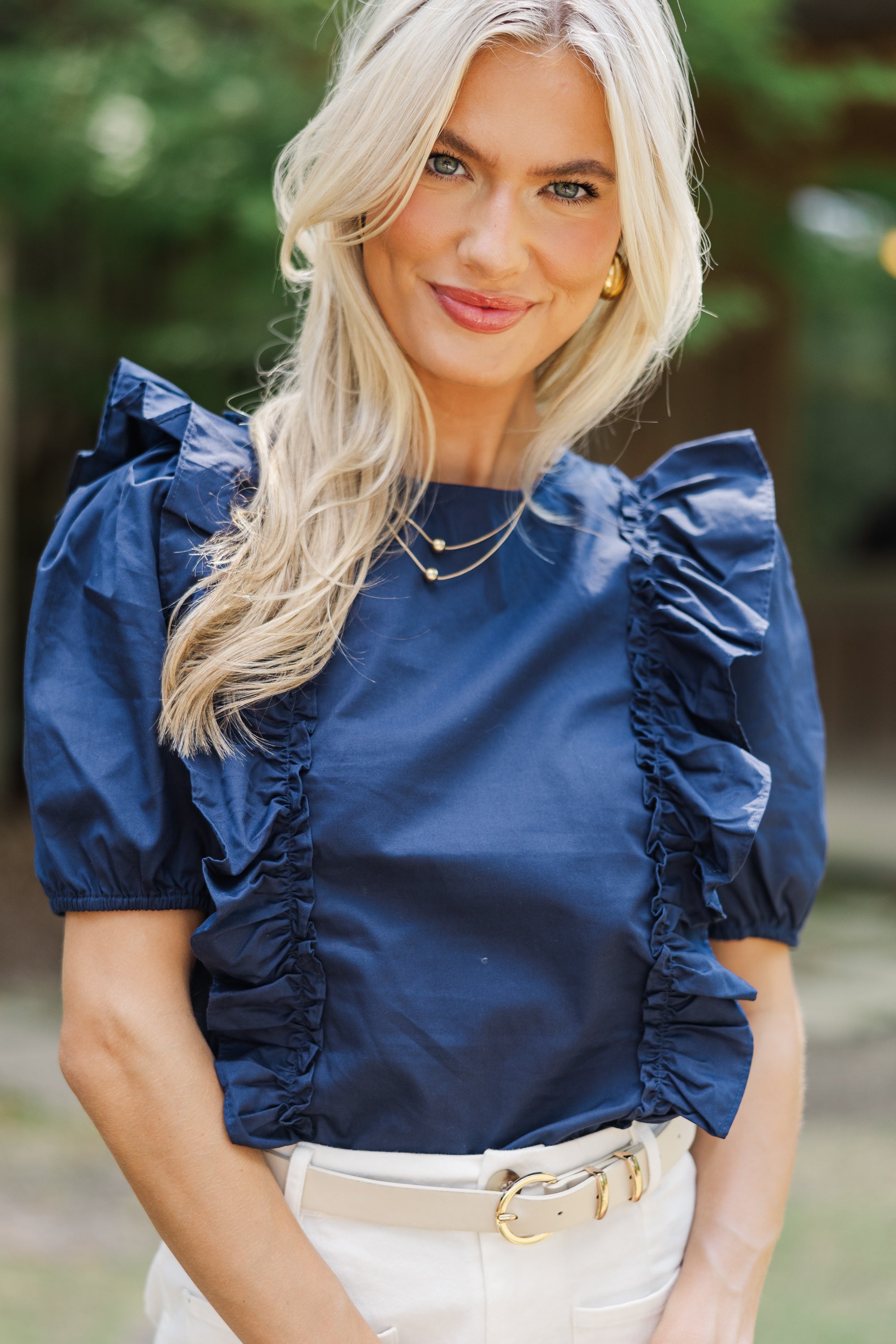 Navy Blue Ruffled Blouse for Women - Elegant Ruffle Sleeve Tops - Perfect for Office, Date Night & Special Occasions