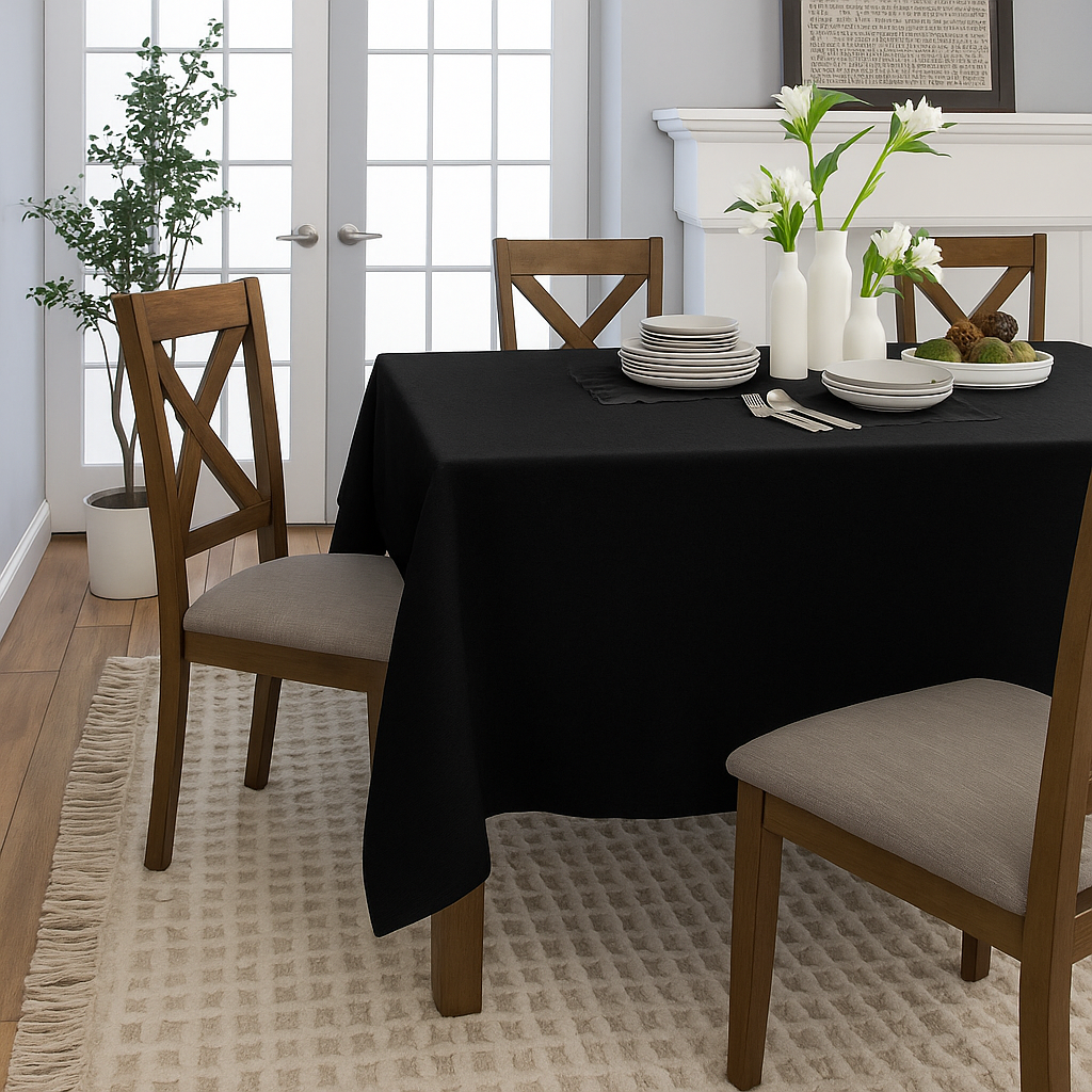 Premium Black Waterproof Polyester Tablecloth - Spill & Stain Resistant Dining Table Cover for Restaurants, Parties, and Outdoor Events