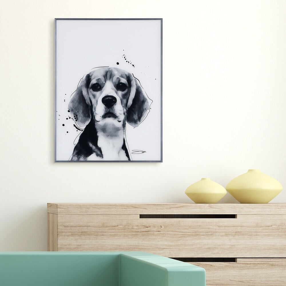Beagle Black & White Dog Wall Art - Reverse Printed Glass with Gunmetal Frame | Modern Home Decor for Living Room, Bedroom & Office