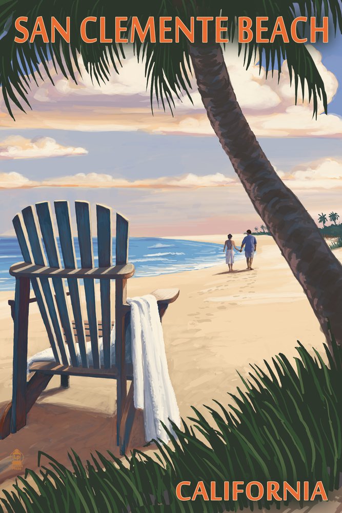 Lantern Press San Clemente Beach California Sunset Wall Art - 16x24 Wrapped Canvas Print, Coastal Home Decor, Adirondack Chairs Ocean View Painting for Living Room, Bedroom & Office