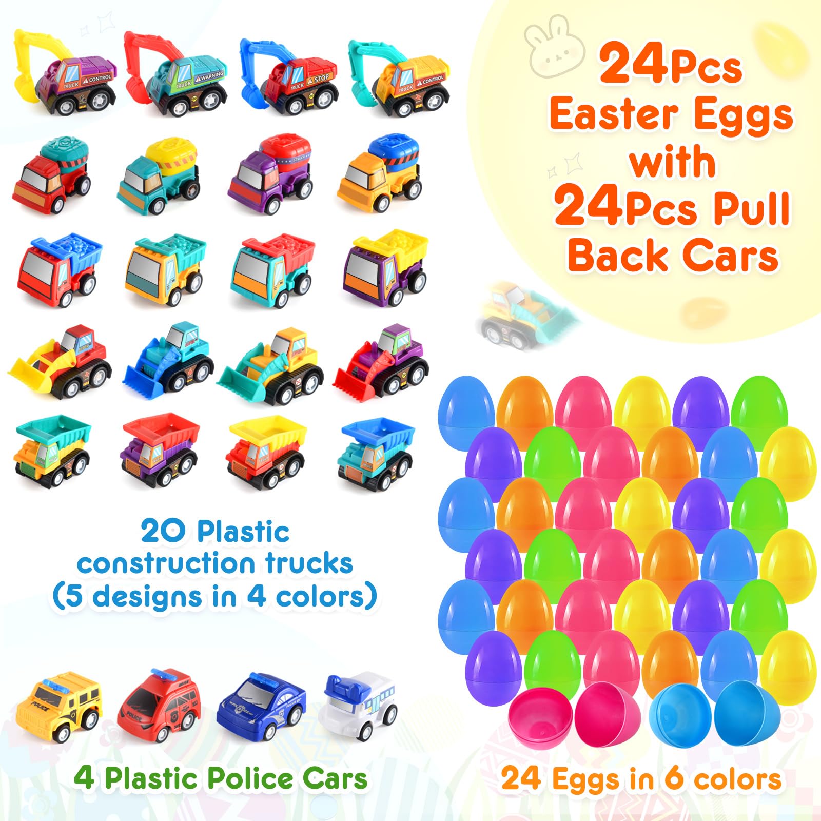 24-Pack Easter Toy Cars - Pull Back Construction Trucks & Police Cars for Kids Party Favors | Easter Egg Hunt Gifts, Classroom Prizes & Basket Stuffers | Great for Easter Celebrations, Birthday Parties & School Rewards