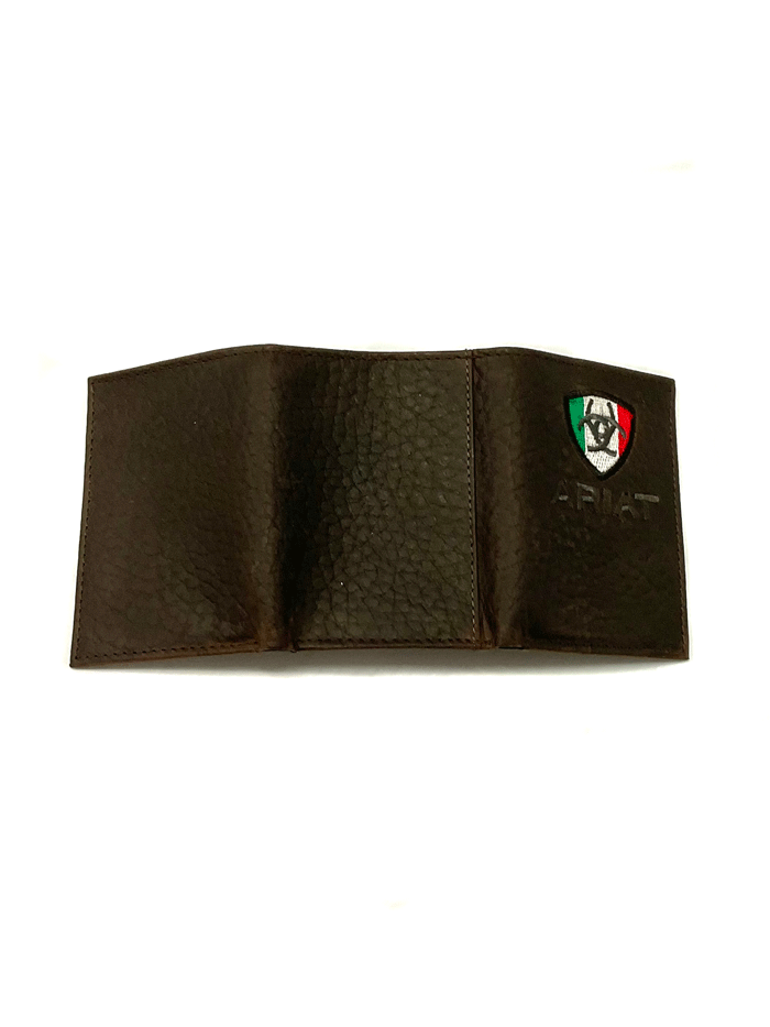 Ariat A35492282 Men's Trifold Wallet with Mexico Flag Logo - Genuine Leather Brown Bifold Wallet for Men - Perfect for Everyday Use, Travel & Gifts
