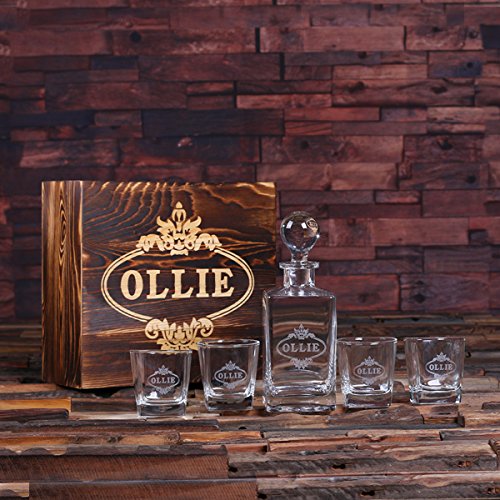 Teals Prairie & Co. Personalized Engraved Whiskey Decanter Set - 4 Crystal Whiskey Glasses & Premium Wood Gift Box - Perfect for Anniversary, Birthday & Housewarming Gifts