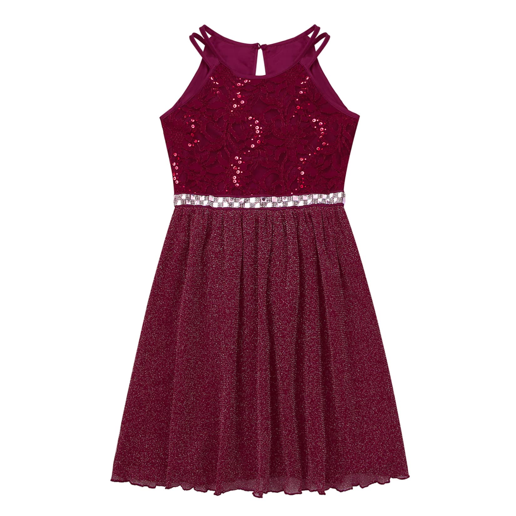 Sparkly Girls Halter Sequins Lace Chiffon Flower Dress for Junior Wedding, Bridesmaid & Prom Party | Elegant Formal Occasion Wear for Teens & Young Adults | Perfect for Special Events, Dances & Celebrations