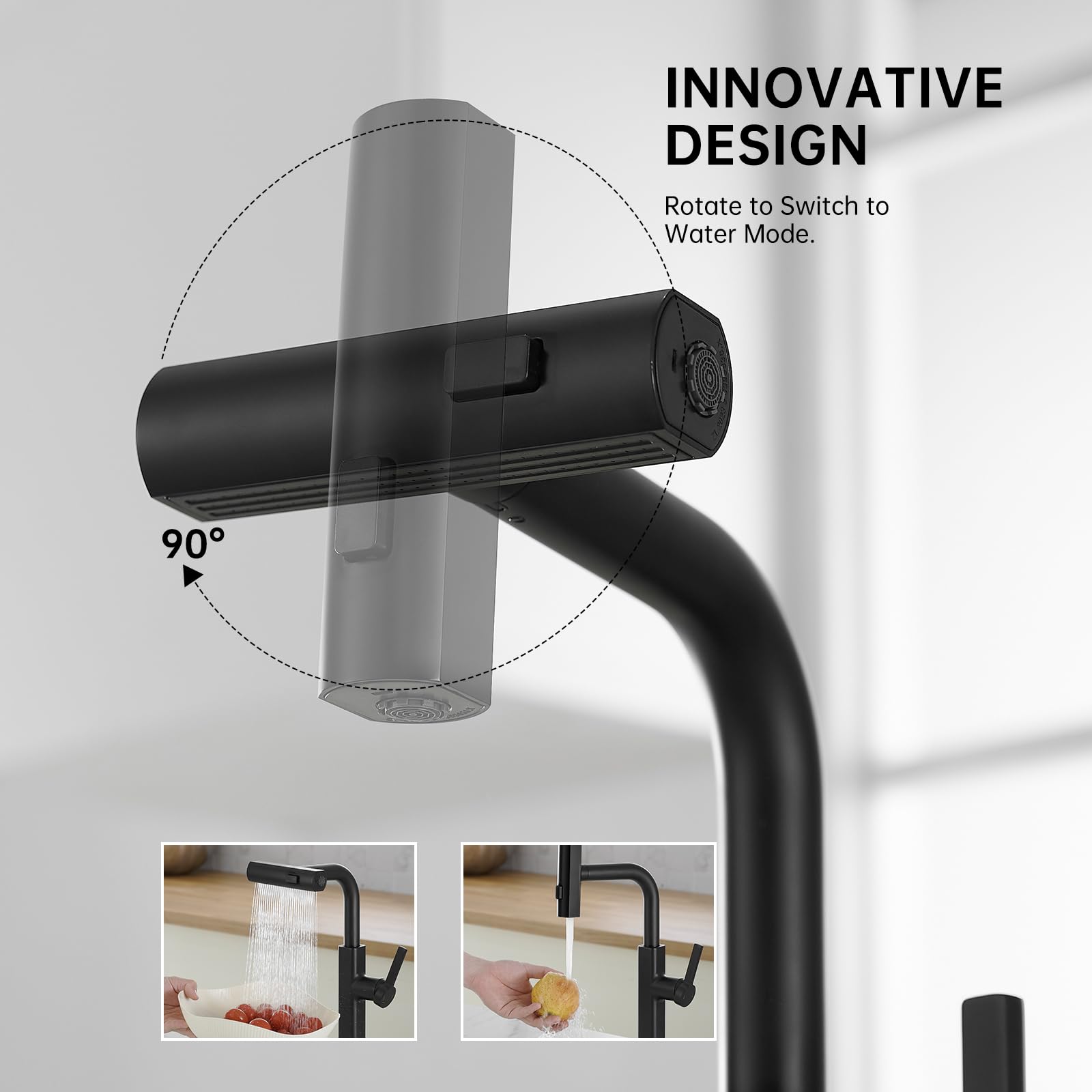 RUMOSE Matte Black Kitchen Faucet with Pull Down Sprayer - High Arc Waterfall RV Sink Faucet, 3-Mode Commercial Spray, 360° Swivel, Stainless Steel (Fits Single/3 Hole) - Perfect for RV, Laundry & Small Kitchen Sinks
