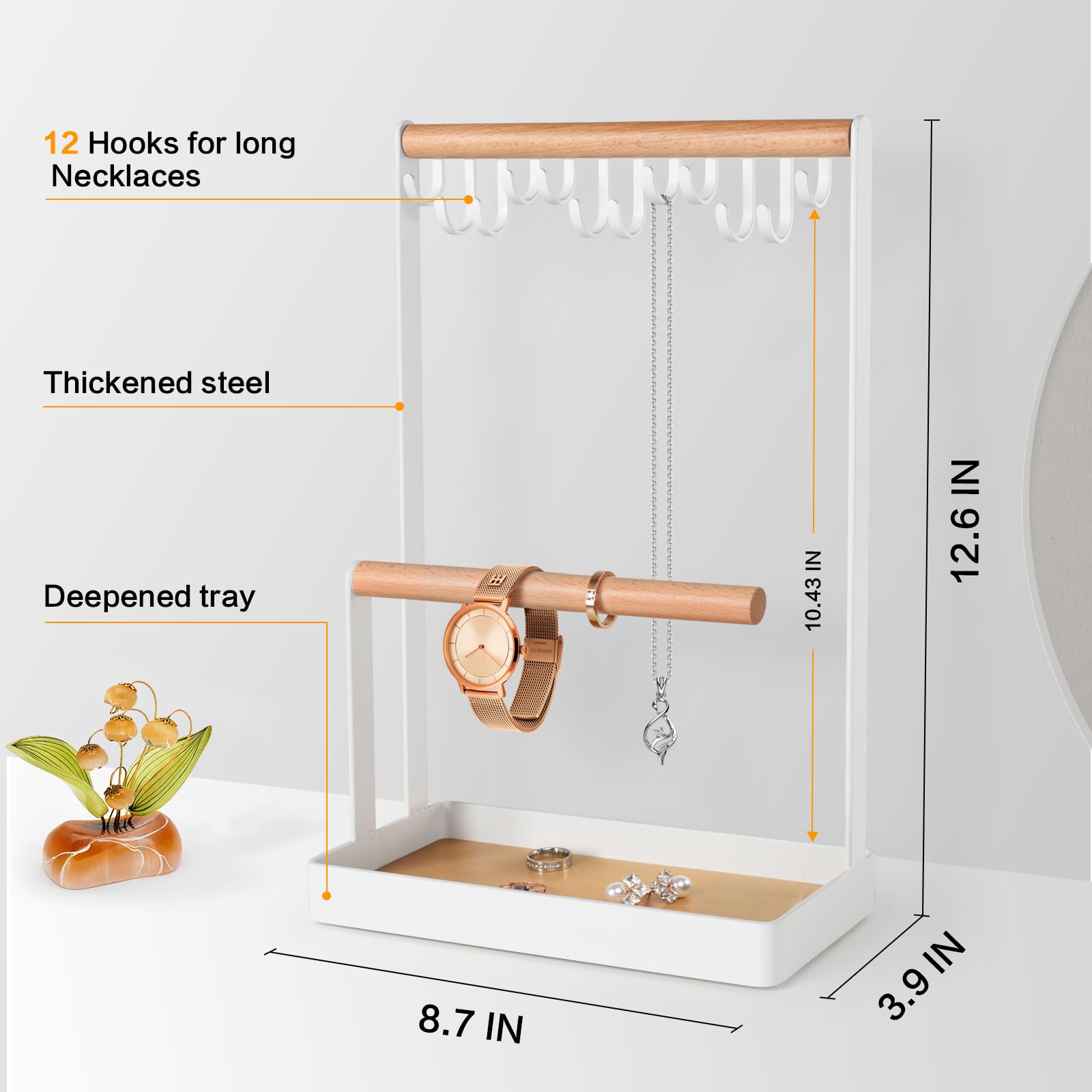 PAMANO 3-Tier Wooden Jewelry Organizer Stand - Necklace Holder with 12 Hooks, Earring Tray & Bracelet Display Rack for Rings, Watches Storage | Perfect for Bedroom Vanity, Closet Organization & Jewelry Store Display