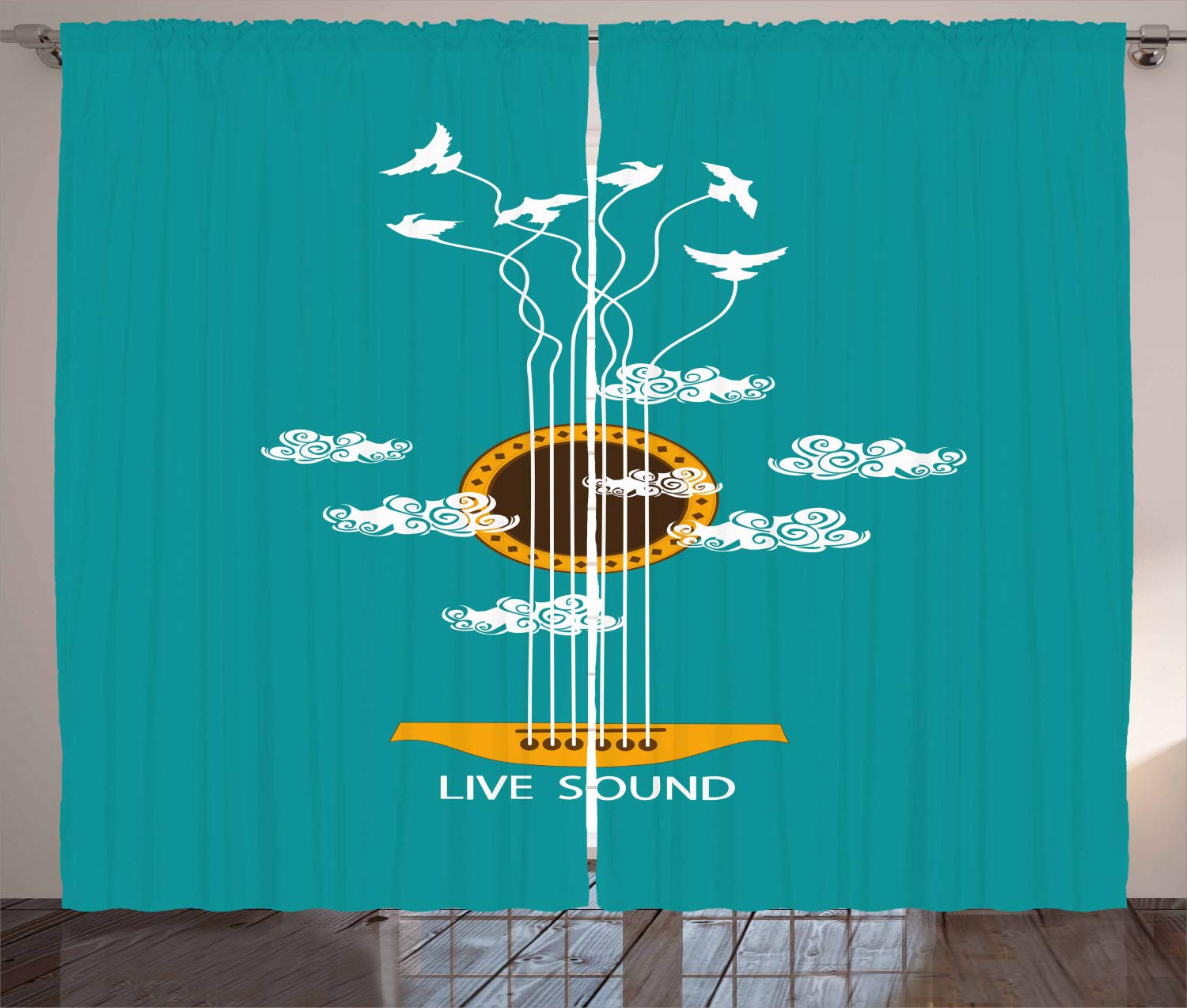 Ambesonne Guitar Themed Curtains - Abstract Music Design with Birds on Strings & Clouds - 108