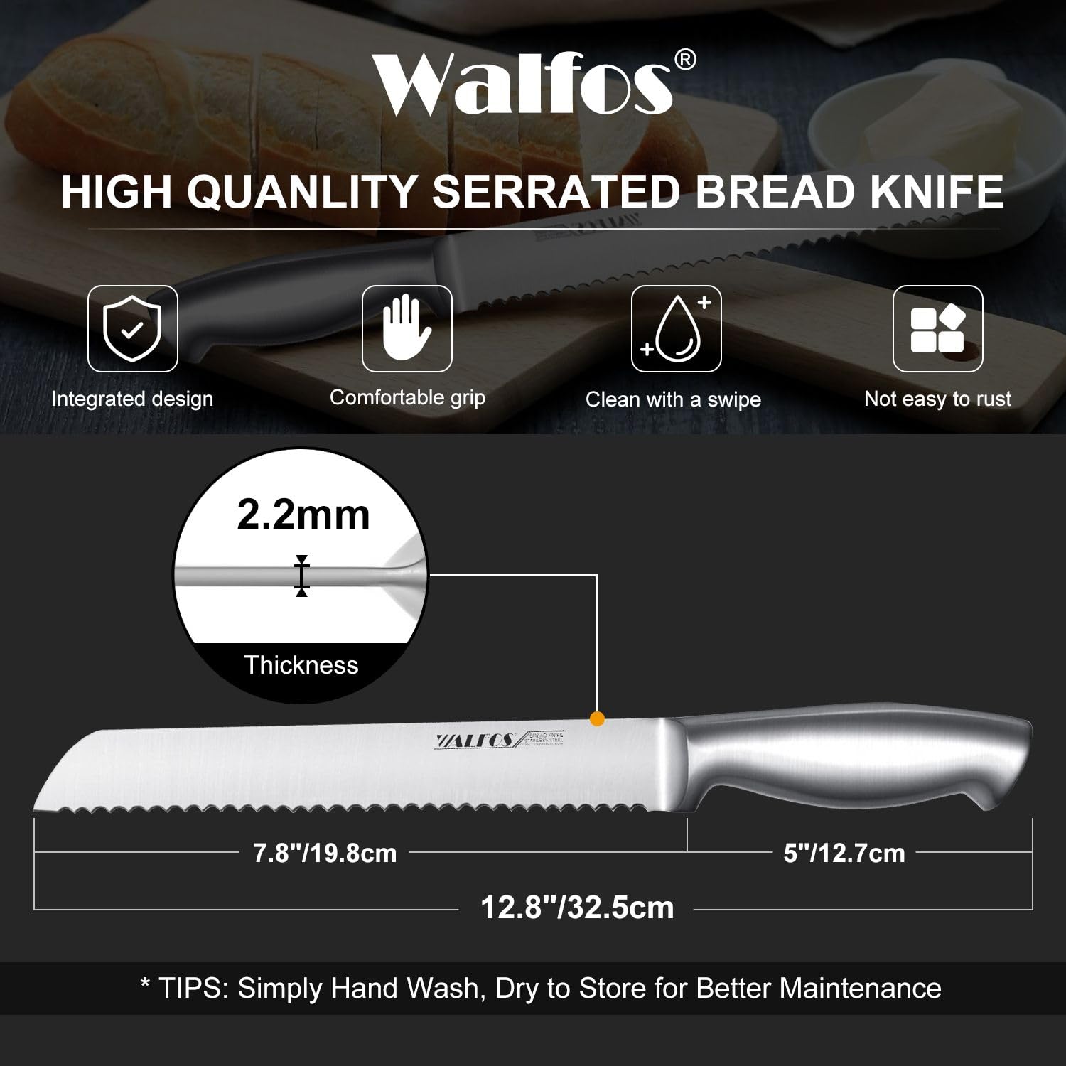 Walfos 8-Inch Stainless Steel Serrated Bread Knife - Ultra Sharp Kitchen Knife with Ergonomic Handle for Slicing Bread, Bagels, Cakes - Perfect for Home Baking, Restaurant Use & Gift Giving