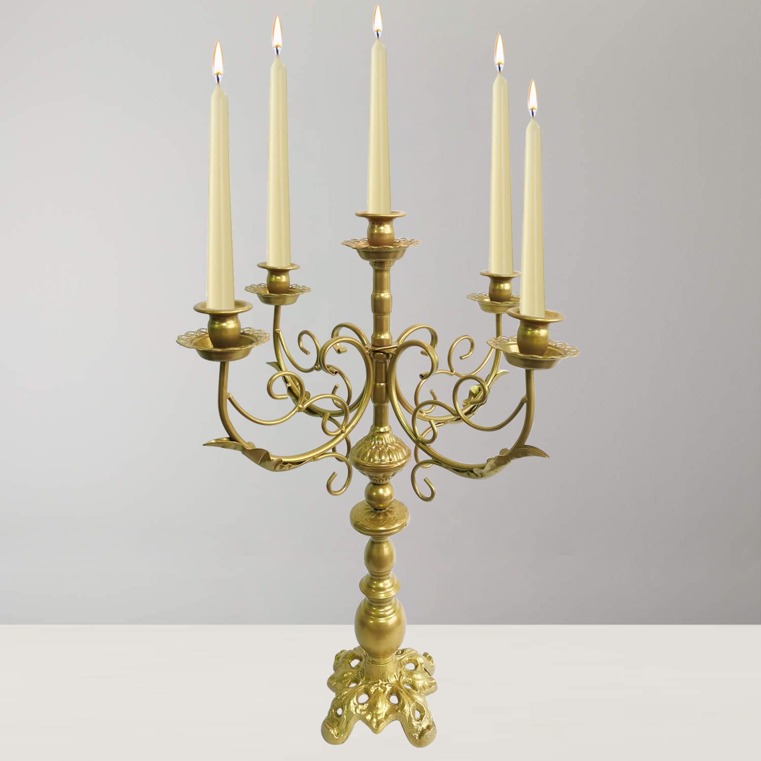 5-Arm Gold Metal Candelabra - 17 Inch Tall Taper Candle Holder for 1/2 to 1 Inch Candles | Elegant Centerpiece for Dining Table, Wedding Decor & Romantic Home Lighting