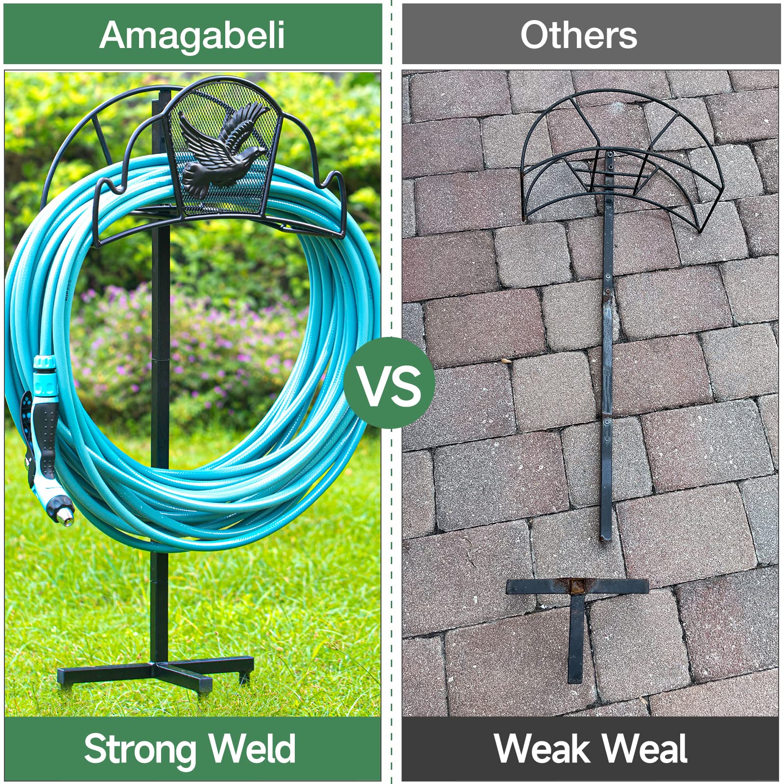 AMAGABELI Heavy Duty Metal Garden Hose Holder Stand - Freestanding Outdoor Hose Reel Hanger with Detachable Design, Decorative & Sturdy Lawn Hose Storage Stake for Yard, Garden, and Home - Perfect for Organizing Water Hoses in Backyard, Patio, and Outdoor Spaces