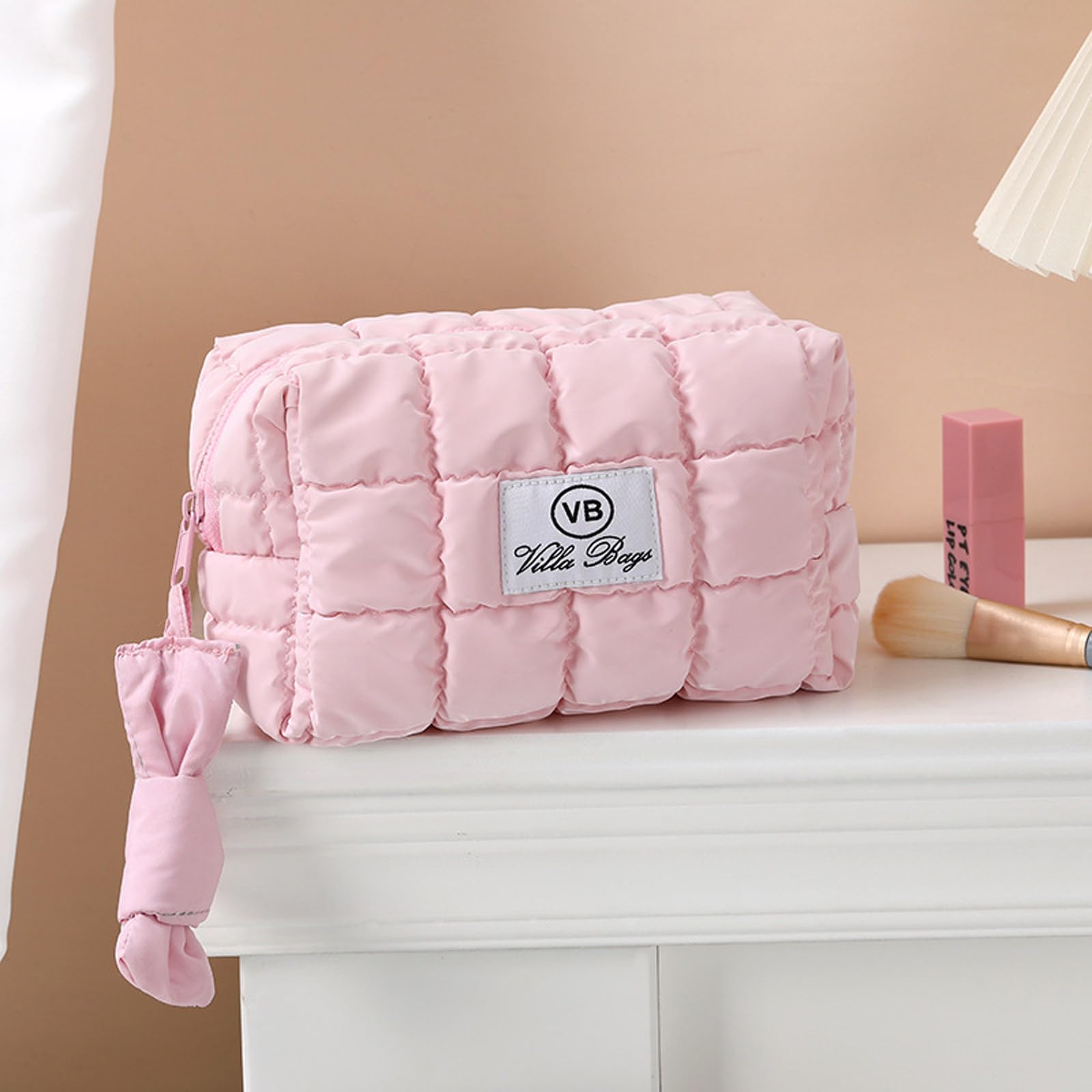 Quilted Pink Puffy Makeup Bag with Zipper - Cute Cosmetic Organizer for Travel & Purse | Waterproof Toiletry Pouch for Women | Perfect for Daily Use, Gym, Vacation & Gift Giving