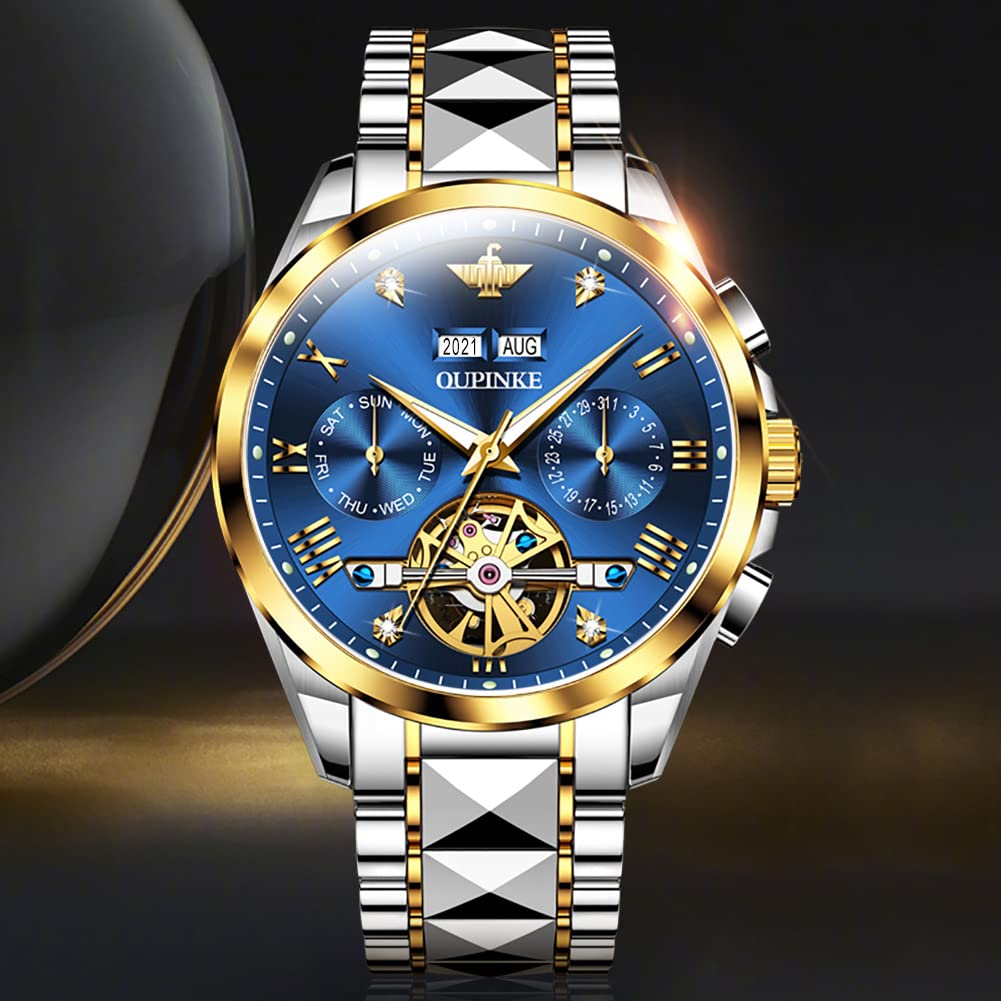 OLEVS Automatic Skeleton Men's Luxury Watch - Mechanical Self-Winding Sapphire Crystal Tungsten Steel Wristwatch - 50M Waterproof & Luminous - No Battery Needed - Perfect for Business, Formal Events & Everyday Wear