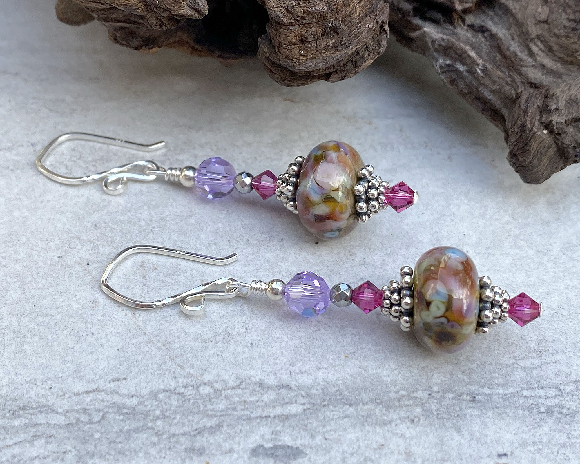Handmade Violet Pink Mosaic Lampwork Glass Earrings for Women - Bohemian Style Jewelry Gift for Parties, Weddings & Special Occasions