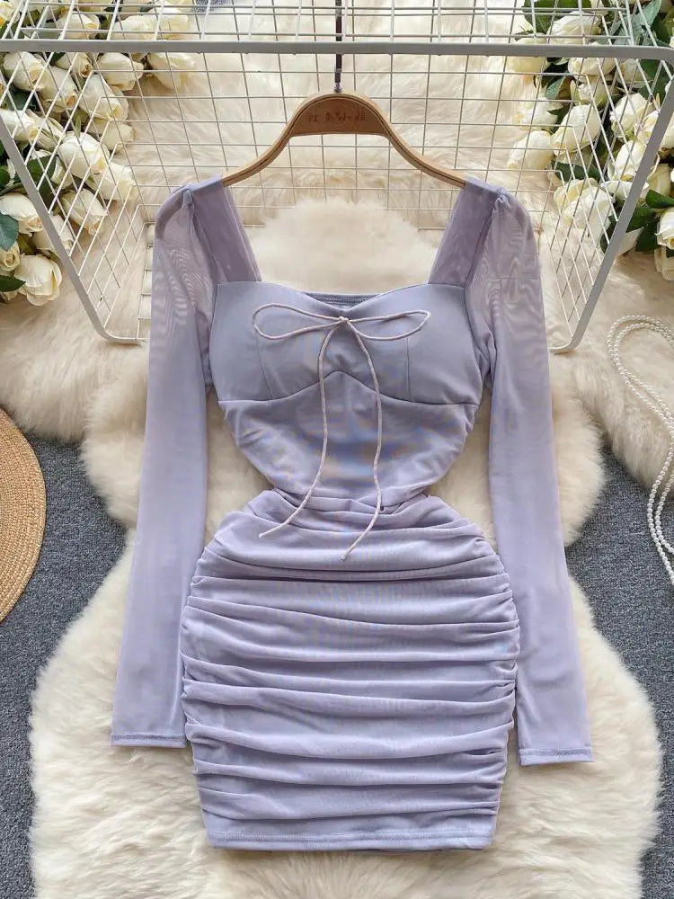 Elegant Black & Pink Mesh Mini Dress for Women - French Purple Square Collar Lace-Up Pleated Party Dress | Perfect for Date Night, Cocktail Parties & Special Occasions