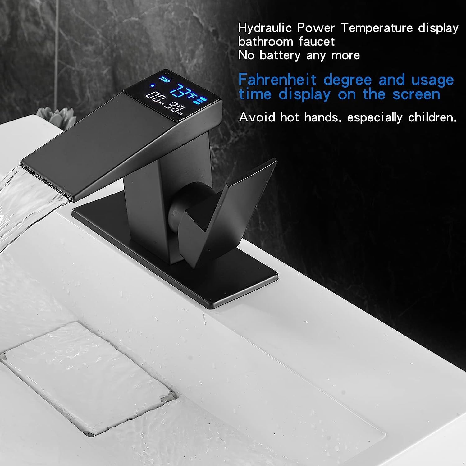Loopan Black LED Light Waterfall Bathroom Faucet - Single Handle One Hole Mount with Temperature Display & Hydraulic Power, Lead-Free Vanity Sink Faucet for Modern Bathroom, Spa, and Hotel Decor