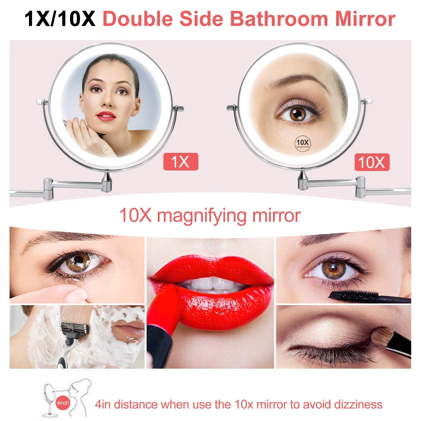 10X Magnifying LED Makeup Mirror with Lights - 360° Swivel & Extendable Arm, Wall Mounted Double Sided Vanity Mirror for Professional Makeup Application, Black (Hard Wired) - Perfect for Home Dressing Room, Salon, and Beauty Studio