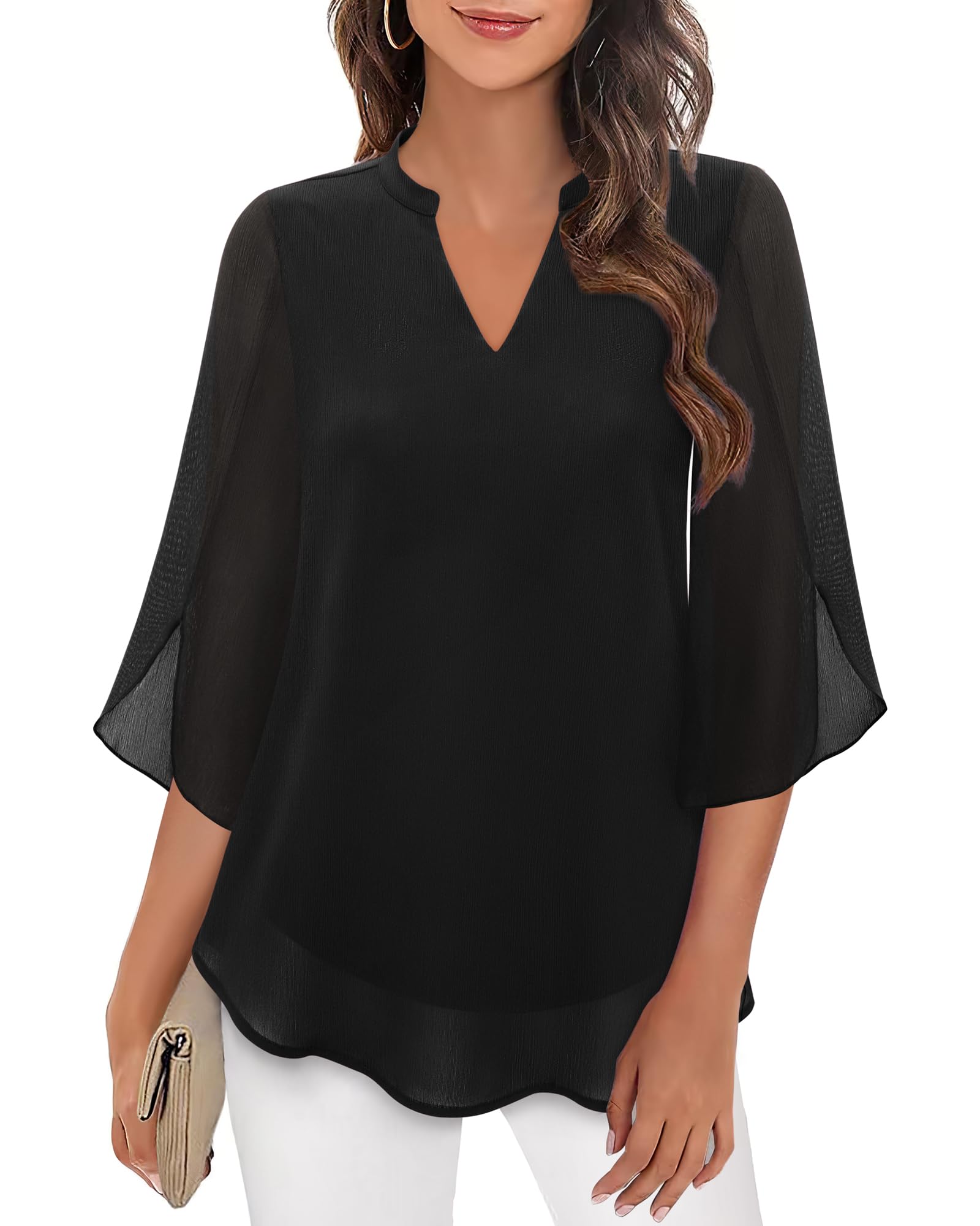 Bebonnie Women's Ruffle 3/4 Sleeve V-Neck Chiffon Blouse - Elegant Casual & Dressy Double Layer Tops for Work, Date Night & Special Occasions