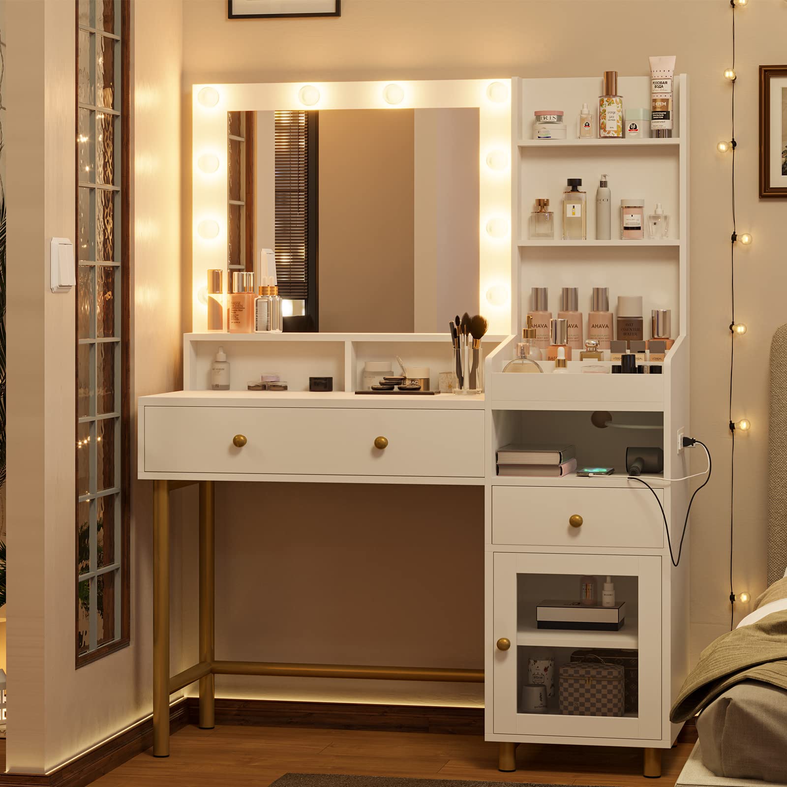 VIAGDO White Vanity Desk with Mirror and LED Lights - Makeup Dressing Table with USB Charging Station, 3 Storage Compartments & Drawers - Bedroom Vanity Desk for Women with Open Shelves - Perfect for Makeup Organization, Skincare Routine and Small Space Bedrooms