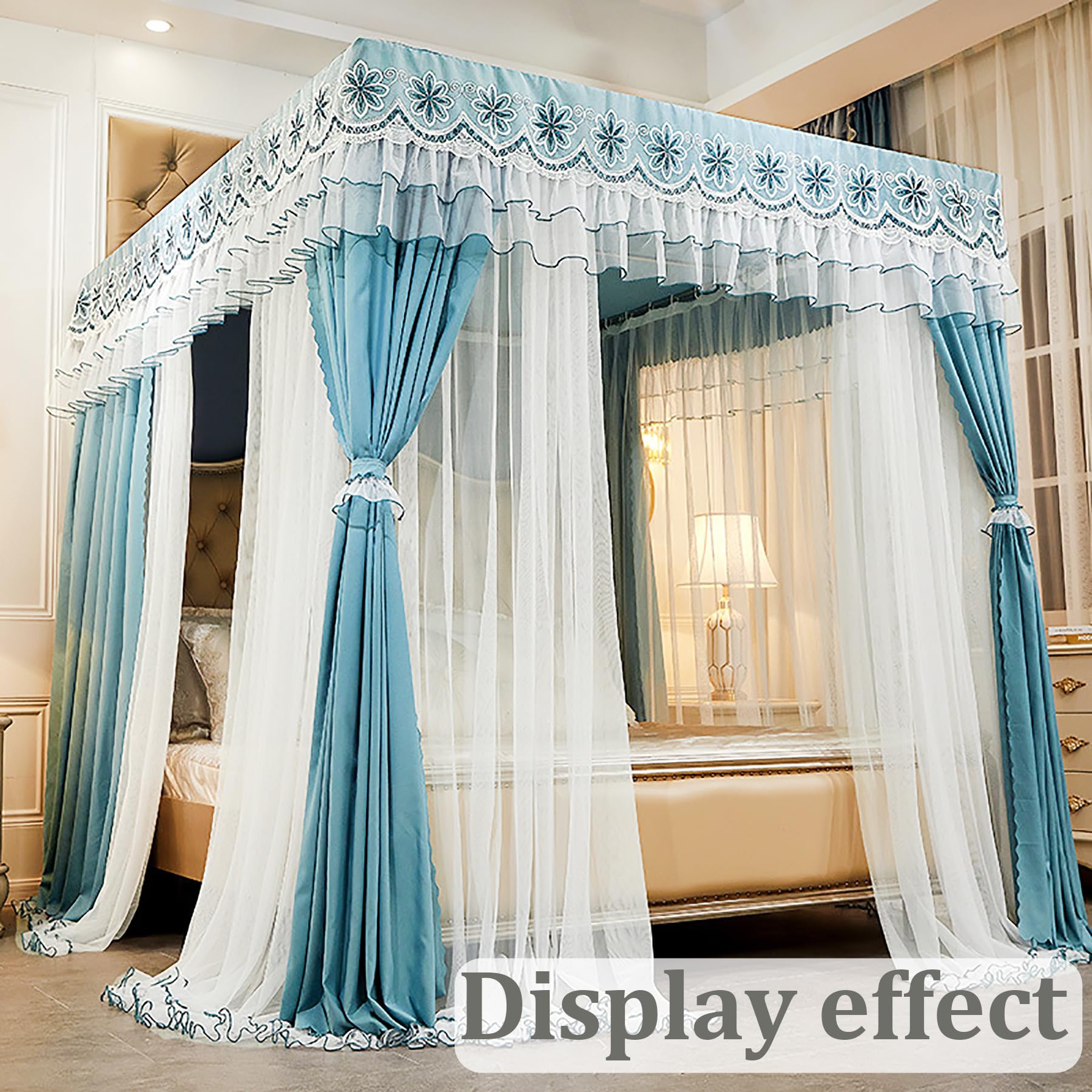 **Stainless Steel Canopy Bed Frame with 4 Corner Posts & Mosquito Net - California King/Queen Size - Elegant Bedroom Decor for Romantic & Boho Style**