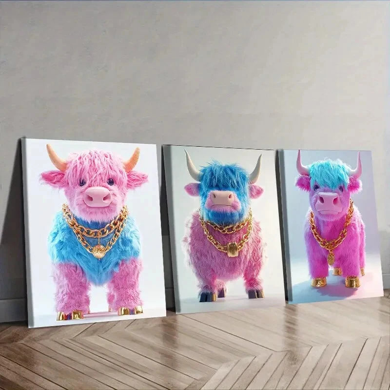 3-Piece Pink Highland Cattle Wall Art Set - Framed Canvas 40x60cm (16x24in) - High Quality Print - Australian Made - Ready to Hang - Perfect for Living Room, Bedroom & Office Decor