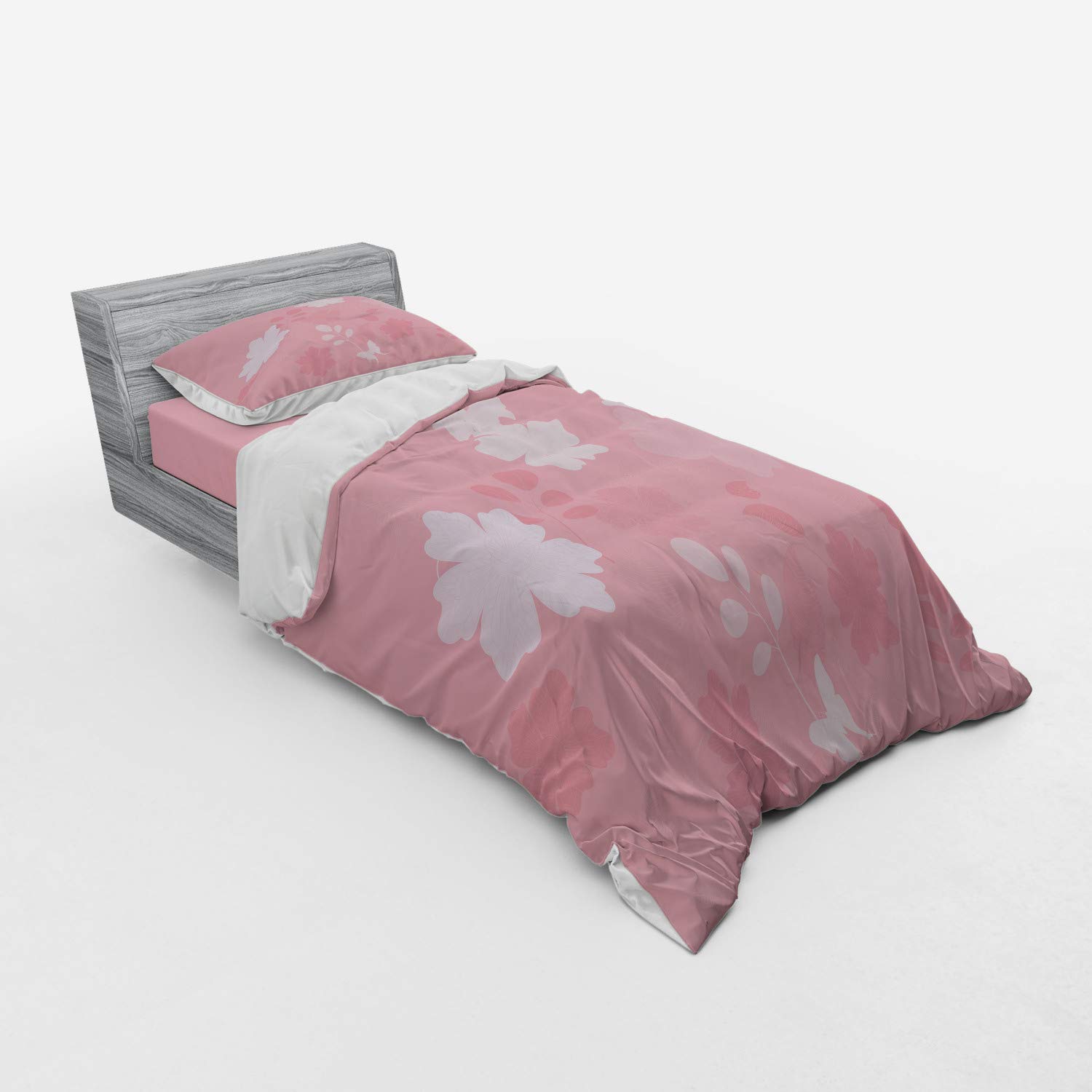 Ambesonne Rose 3-Piece Twin Bedding Set - Dreamy Fantasy Spring Nature Duvet Cover with Sham & Fitted Sheet, Pale Rose Floral Design with Butterflies | Perfect for Girls Bedroom, Guest Room & Spring Decor