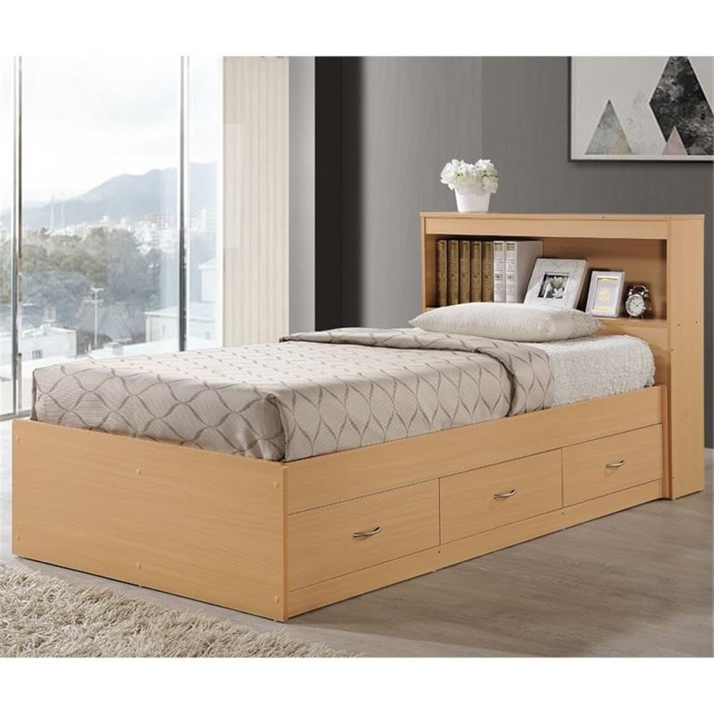 Pemberly Row Twin Captain Storage Bed in Beech - Space-Saving Bed with Underbed Drawers for Kids & Teens - Perfect for Small Bedrooms, Dorms & Guest Rooms