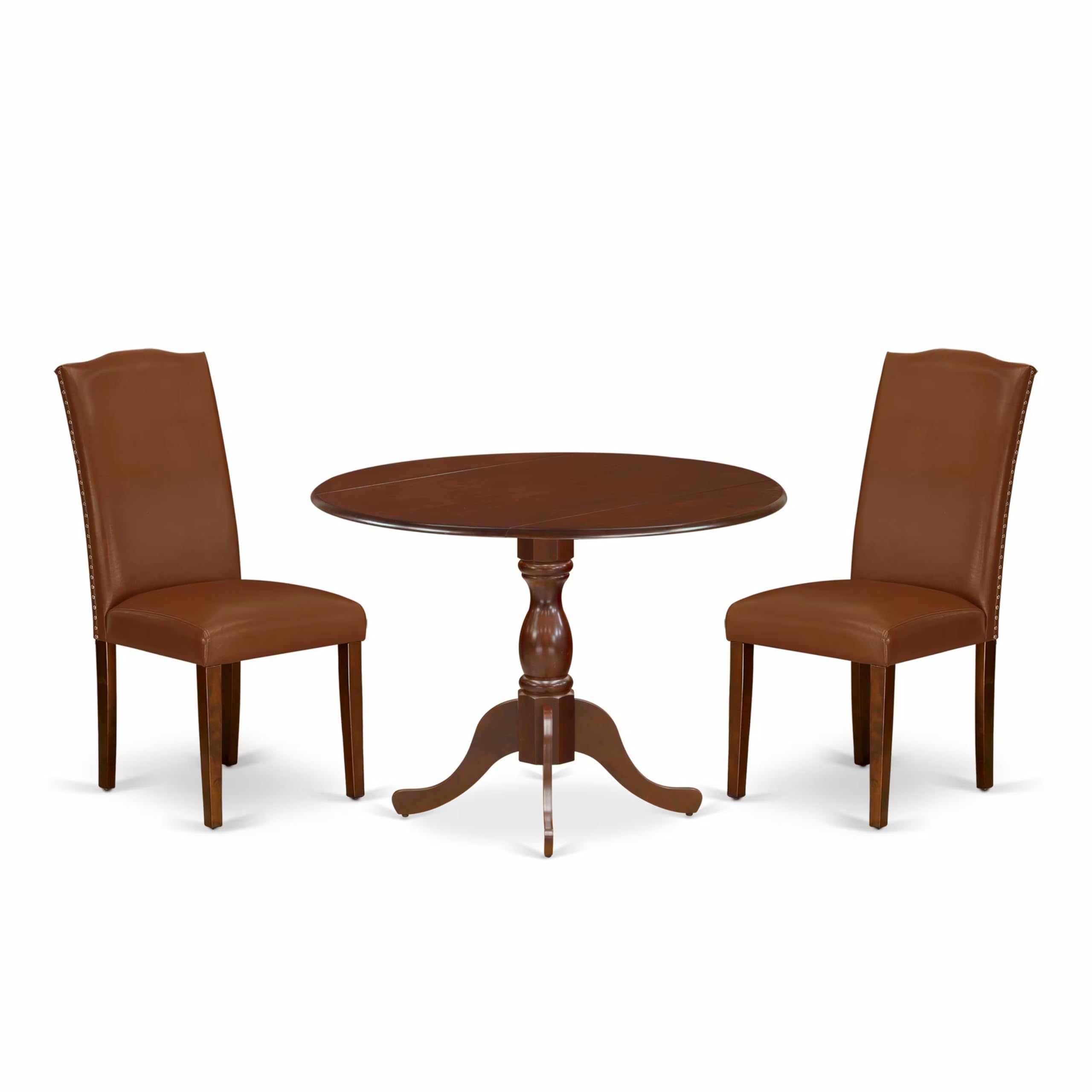 East West Furniture DMEN3-MAH-66 3-Piece Round Dining Table Set with Drop Leaf & 2 Brown Faux Leather Chairs, 42x42 Inch, Mahogany Finish - Perfect for Small Spaces, Breakfast Nooks, and Cozy Apartments