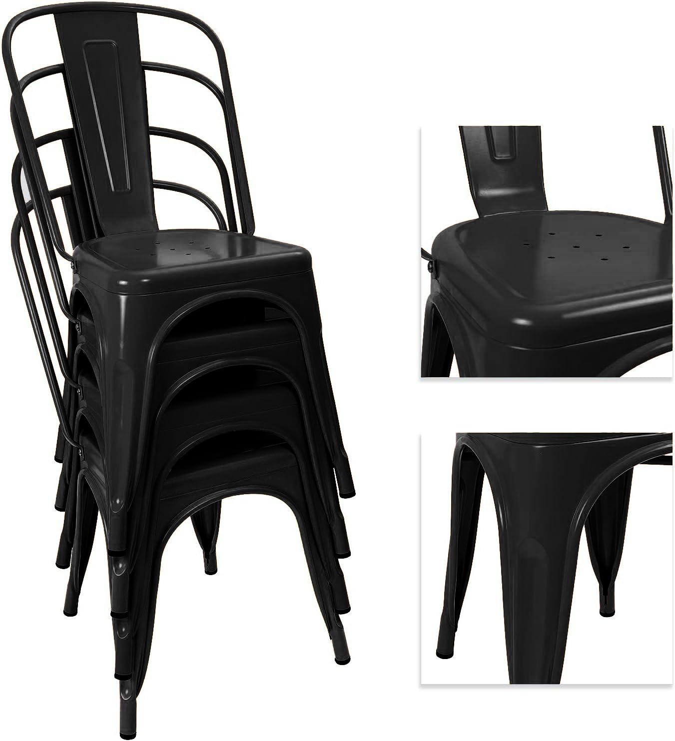 Devoko 4-Piece Stackable Metal Indoor/Outdoor Dining Chairs - Distressed Black Kitchen Side Chairs with Backrest | Perfect for Patio, Restaurant, Cafe & Home Decor