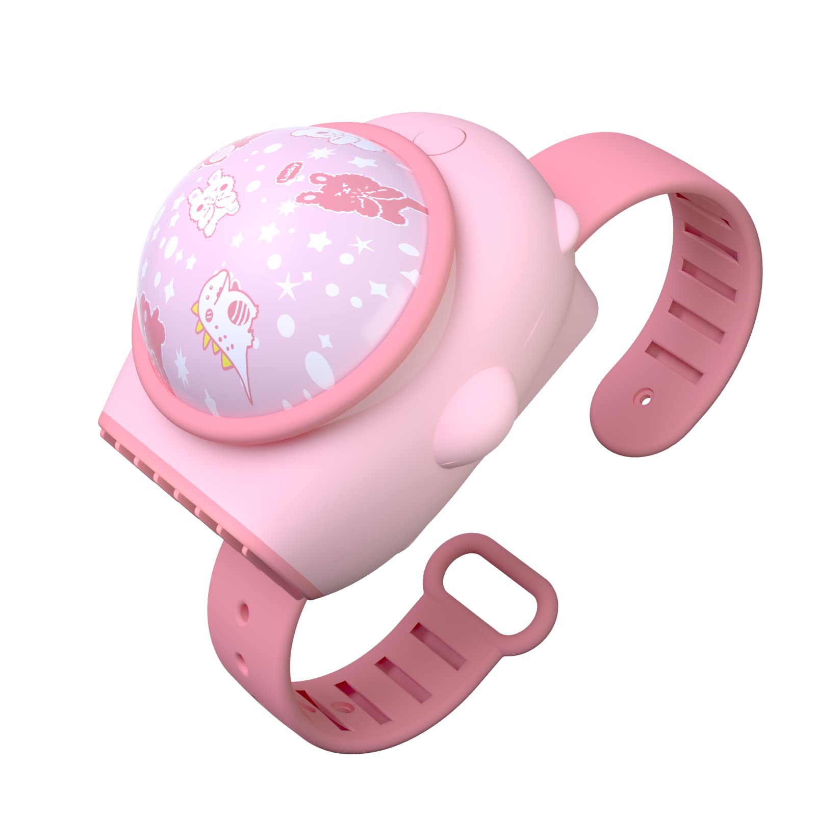 Omeet Portable Kids Watch Fan with Star Projection - Pink Handheld Wristband Leafless Fan for Outdoor Activities, Summer Cooling & Bedtime Starry Night Projector