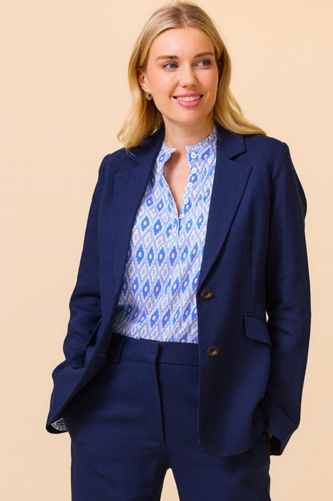 Premium Linen Blend Blazer for Women - Navy Blue Slim Fit Business Casual Jacket - Perfect for Office Wear, Weddings & Summer Outfits