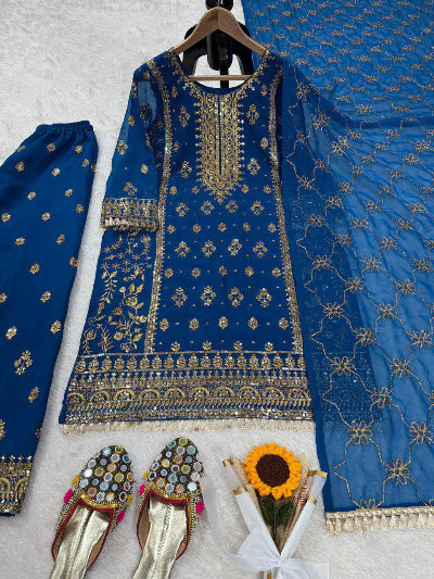 Elegant Blue Georgette Designer Palazzo Suit Set for Women | Party Wear & Special Occasion Outfit | Perfect for Weddings, Festivals & Evening Events