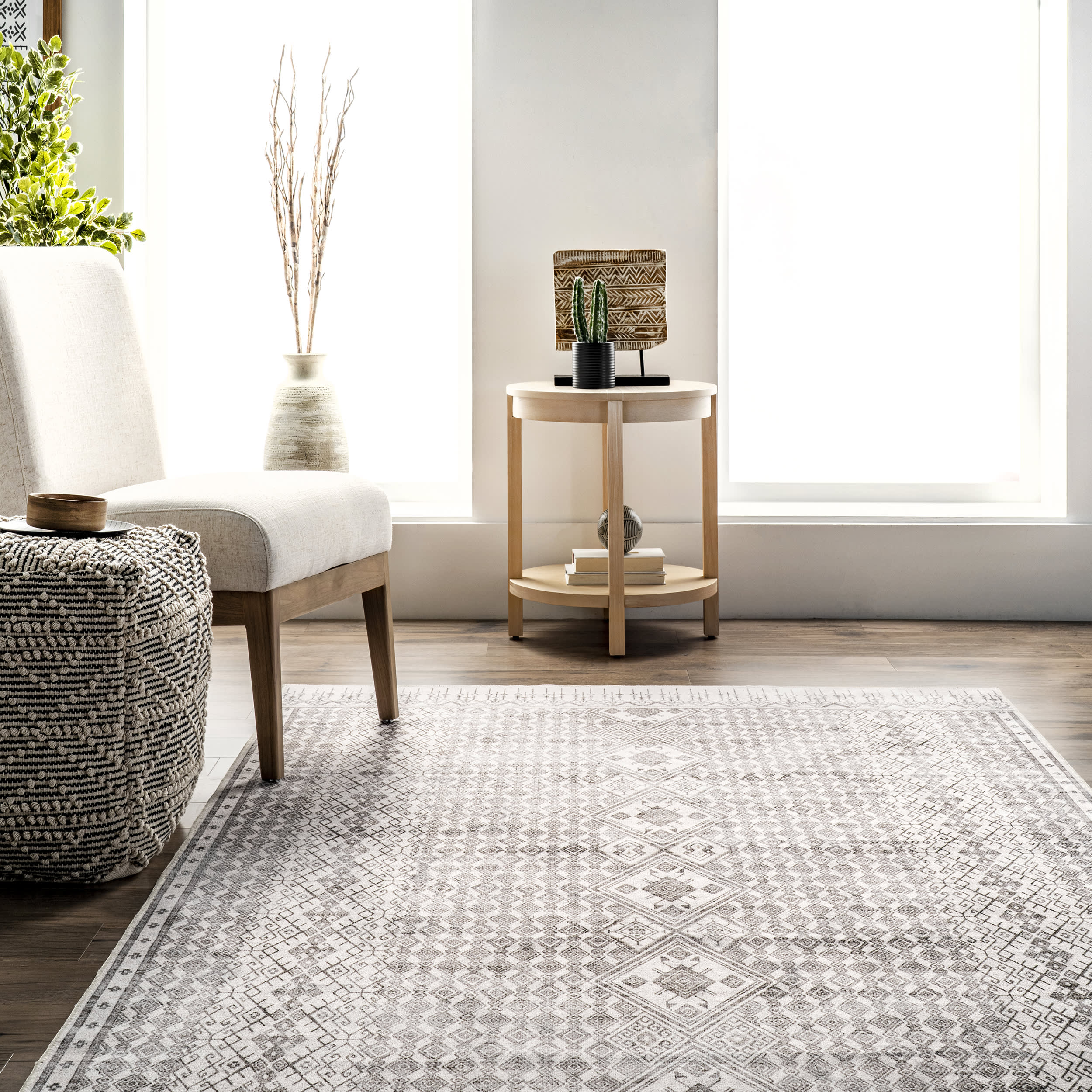 Kehlani Distressed Diamond Washable Rug - Light Grey Area Rug for Living Room, Bedroom & Home Decor | Soft & Durable Machine Washable Carpet