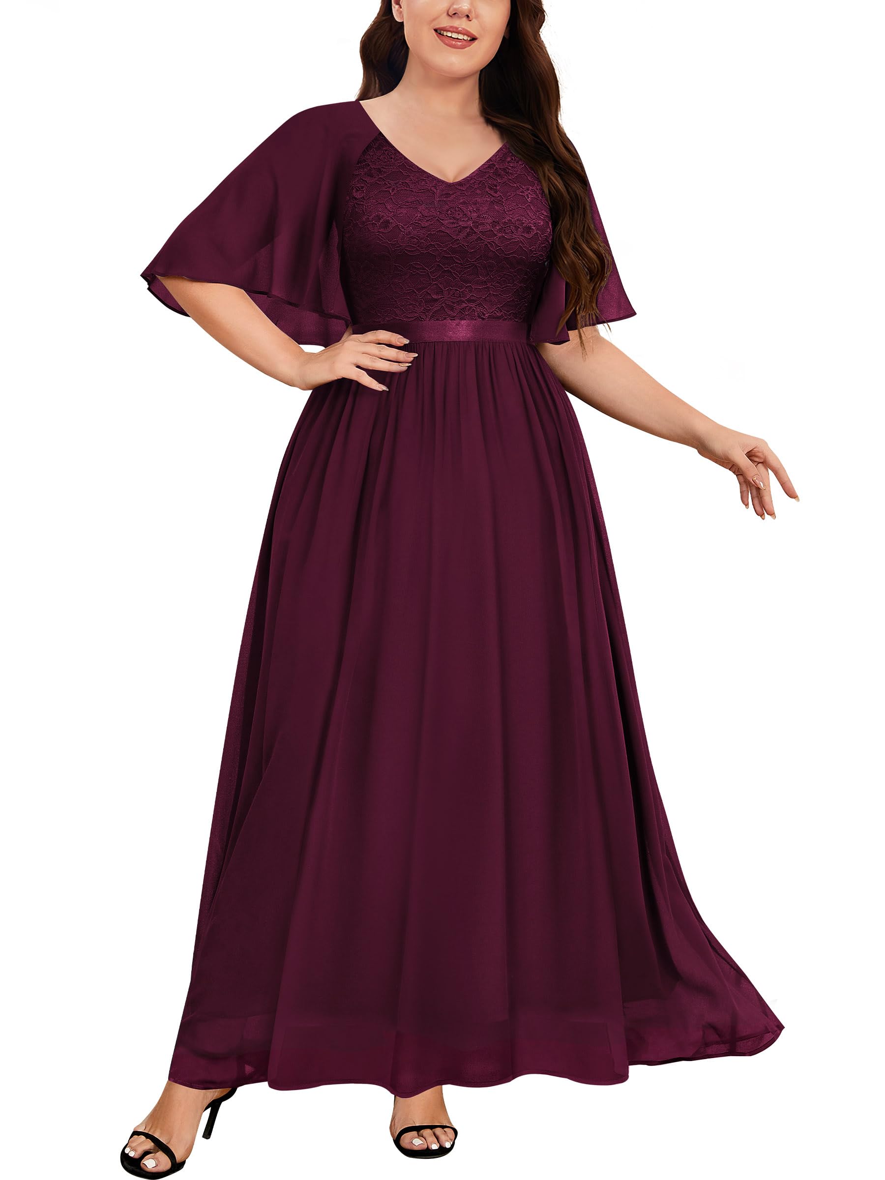 Knitee Women's Plus Size Half Sleeve Cape Dress - Lace Chiffon V-Neck Evening Gown for Parties, Weddings & Special Occasions | Elegant Maxi Dress for Formal Events & Night Out