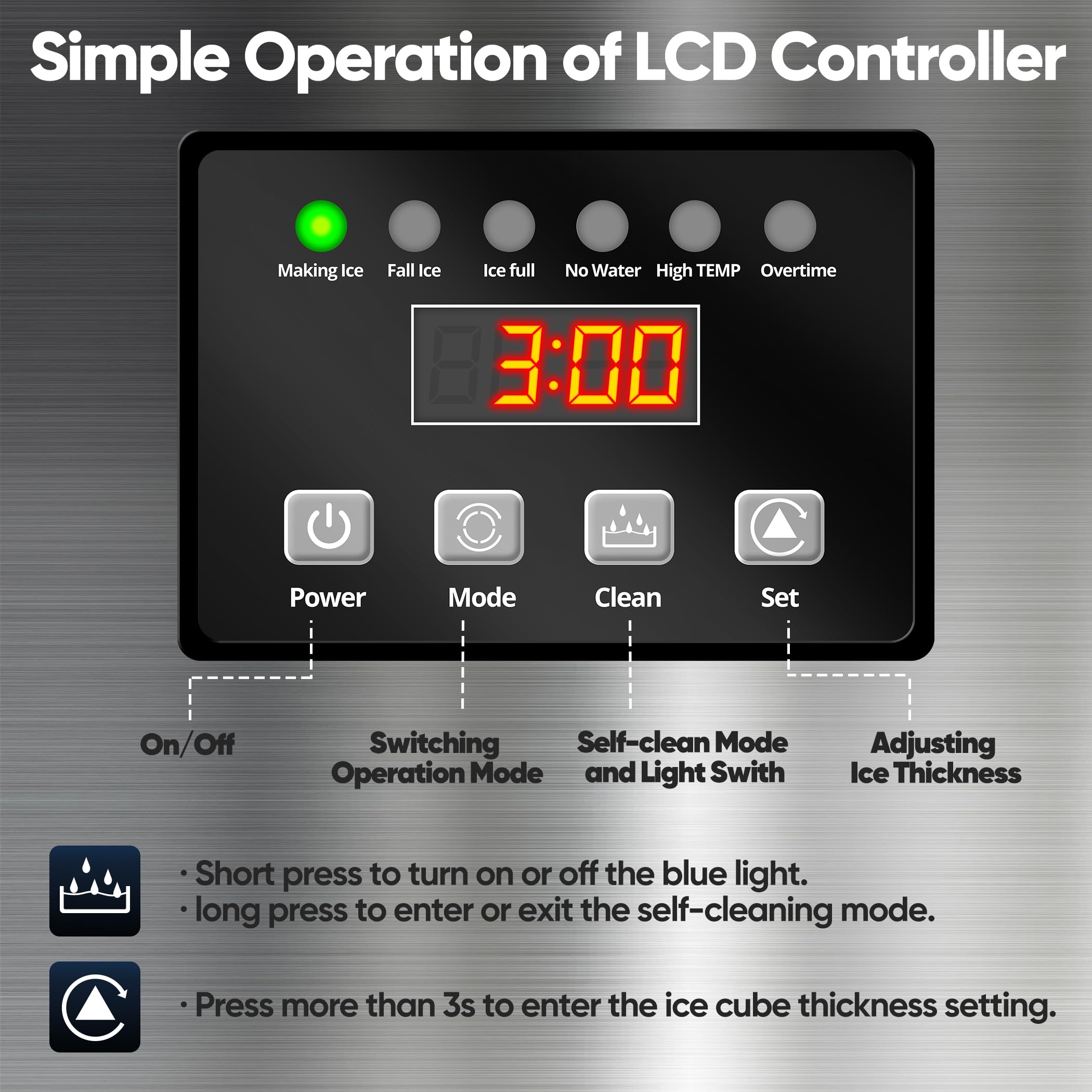 Commercial Ice Maker Machine 100LBS/24H, Under Counter Ice Maker with 34LBS Storage, Stainless Steel Ice Machine for Restaurant, Home Bar, Office, DOE Certified - Perfect for Cocktail Making, Party Serving and Commercial Kitchen Use