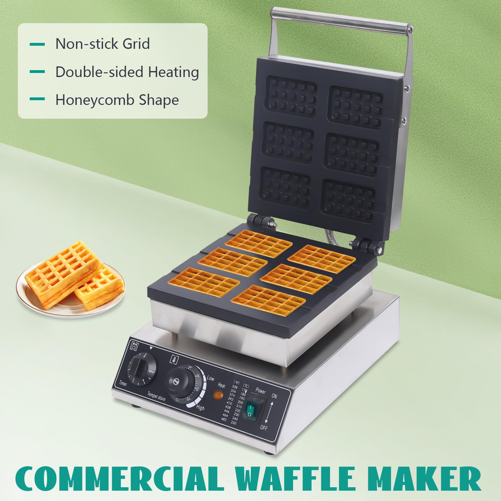 Commercial Waffle Maker with Non-Stick Surface & Temperature Control - 110V Stainless Steel Waffle Machine for Bakeries, Restaurants & Home Use - Perfect for Breakfast, Brunch & Dessert Making (6-Piece Set)