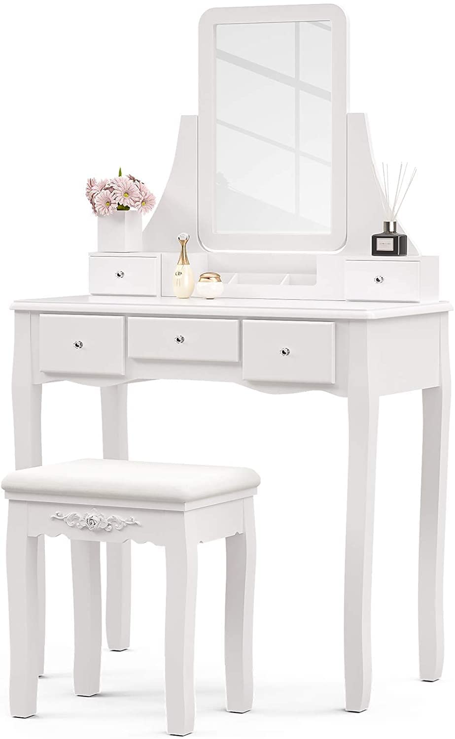 Yeacher White Makeup Vanity Set with Square Mirror, 5 Drawers & Cushioned Stool - Wooden Dressing Table with 3 Removable Dividers for Girls & Women - Perfect for Bedroom, Bathroom & Beauty Salon Makeup Organization