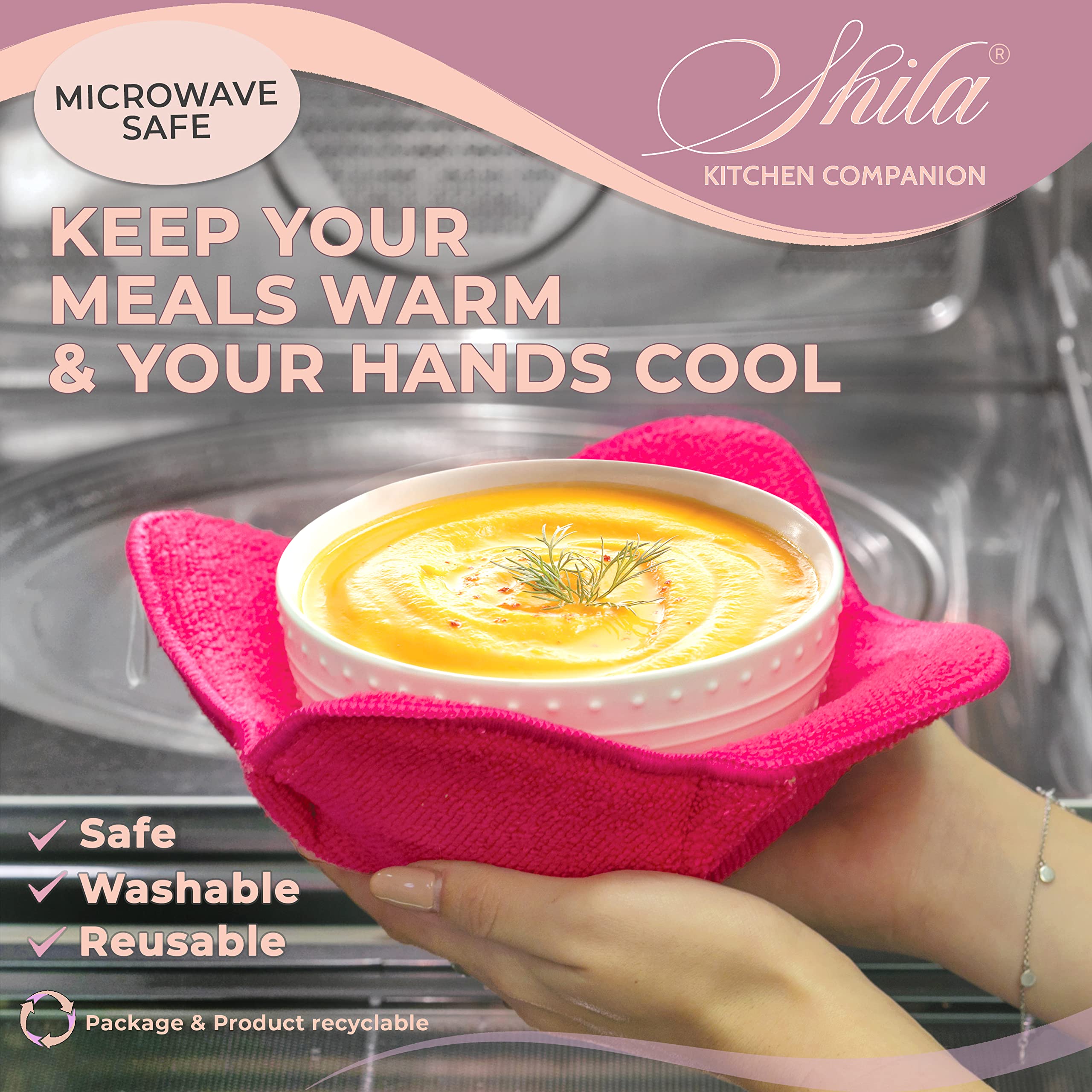 SHILA Bowl Snuggies - Set of 4 Colorful Microwave Safe Bowl Holders | Heat Resistant Polyester & Sponge Cozies for Hot Soup, Rice, Pasta Bowls | Keep Hands Cool & Food Warm | Perfect for Family Dinners, Office Lunches & Picnics