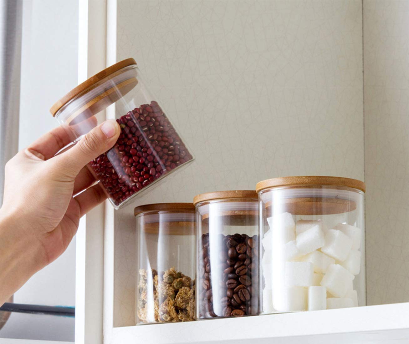 220ml Glass Jars with Bamboo Wooden Lids - 3-Piece Airtight Food Storage Containers Set for Spices, Coffee, Tea & Kitchen Organization (BPA-Free)