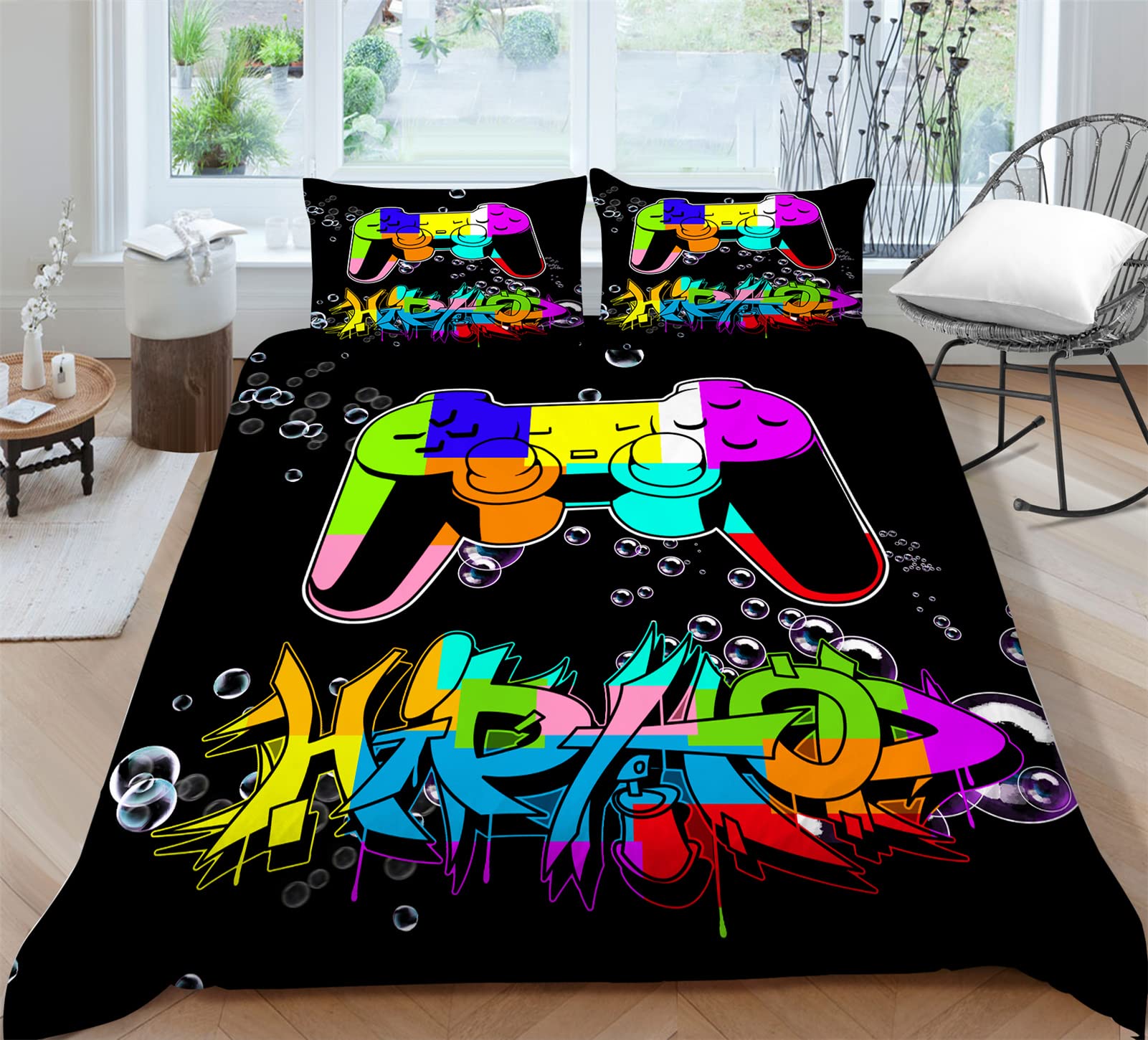 Gamer Bedding Set for Boys - Video Game Themed Queen Size Comforter Cover with Gamepad & Joystick Design - Breathable Gaming Bedspread for Teen Bedroom Decor | Perfect for Gamers' Rooms, Dormitory & Gaming Themed Parties