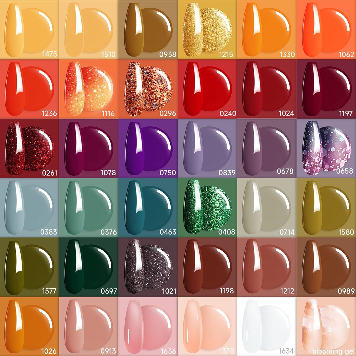 Modelones 40 PCS Gel Nail Polish Set - 36 Colors Nude, Brown, Red, Fall, Orange, Yellow, Green, Purple & Glitter Shades - Professional Nail Art Kit with Base, Matte, Glossy & Glitter Top Coats - Perfect for Home Manicures, Salon Use & DIY Nail Designs