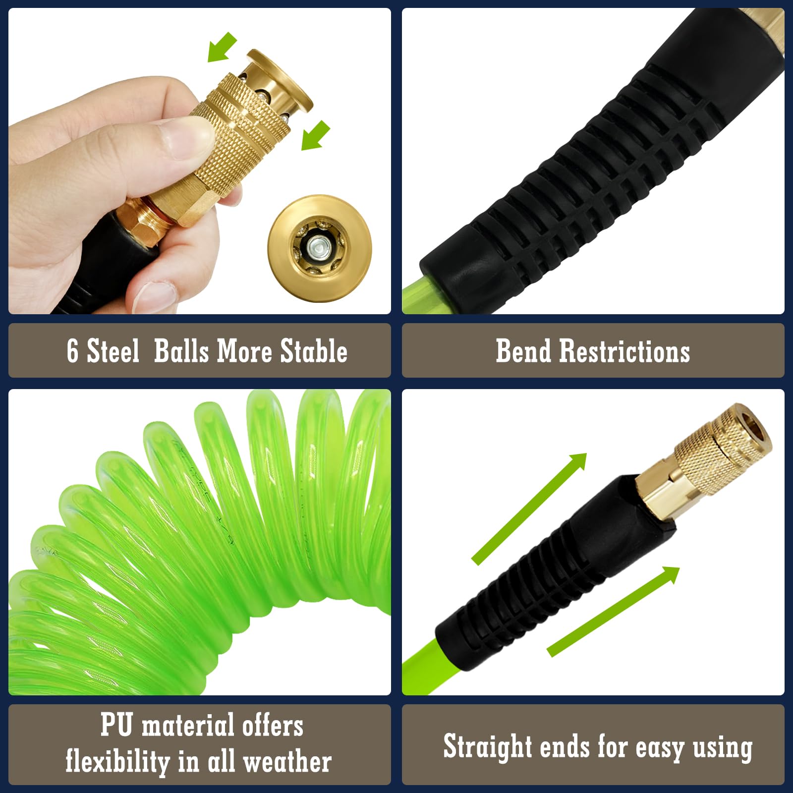 1/4 in x 10 ft Coiled PU Air Hose with Bend Restrictor - Heavy Duty Air Compressor Hose with 1/4