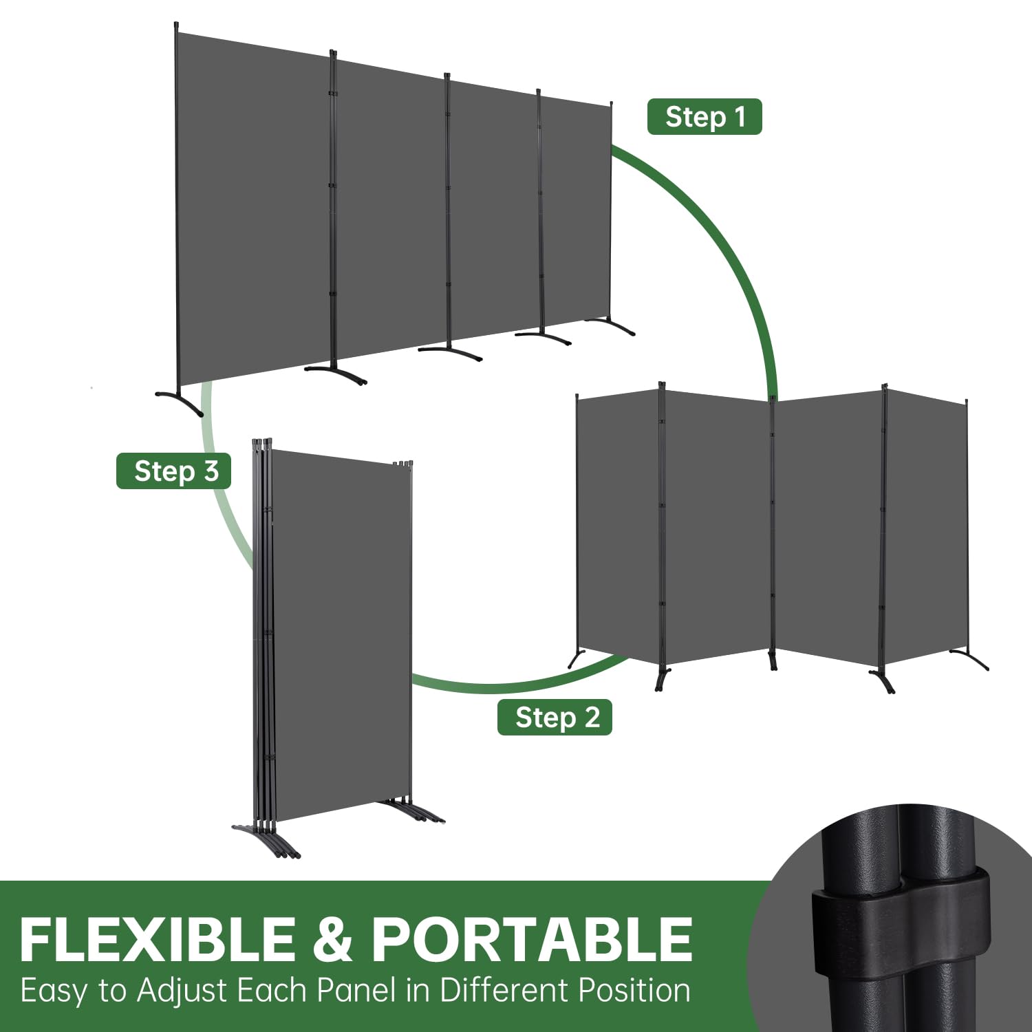 YASRKML 4-Panel Folding Room Divider Privacy Screen - Portable Freestanding Partition Panel with Fabric for Home, Office & Event Separation - Grey | Ideal for Bedroom Privacy, Office Space Division & Wedding Decor
