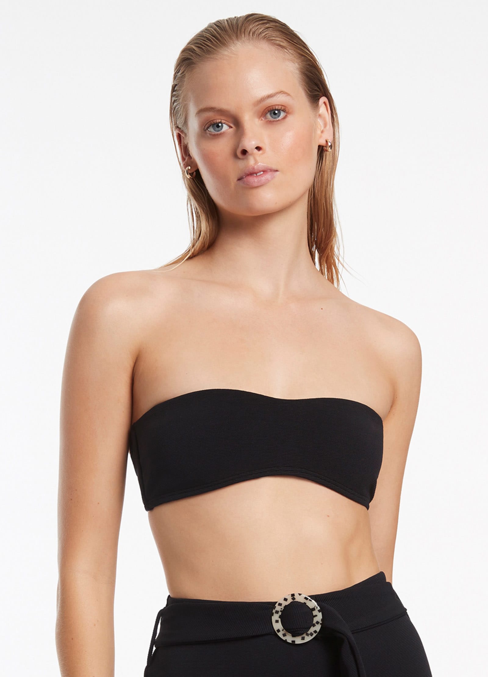 Isla Rib Minimal Bandeau Bikini Top - Black | Women's Swimwear for Beach, Pool & Summer Vacations