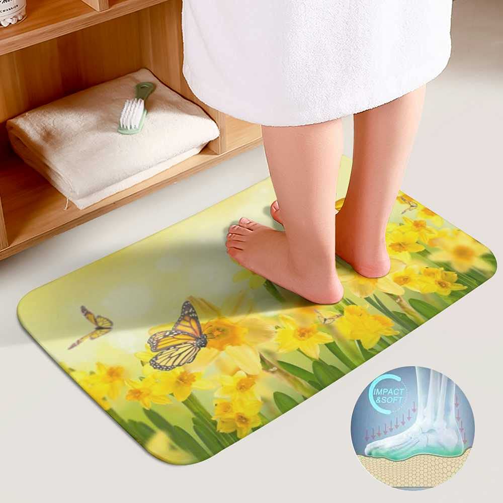 Hapuxt 3-Piece Bath Rug Set - Summer Yellow Flower Butterfly Design, Anti-Slip Absorbent Bath Mats, Toilet Lid Cover & U-Shaped Contour Rug - Machine Washable - Perfect for Bathroom Decor and Home Comfort