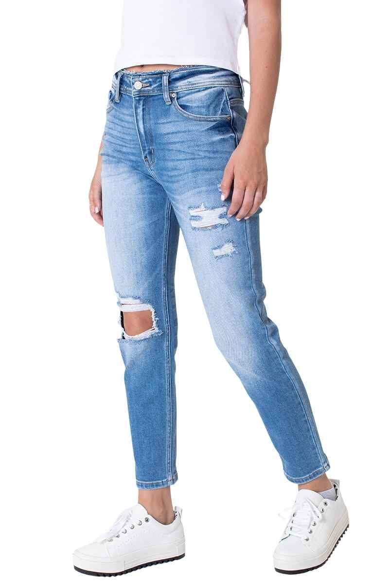 Kancan Women's High Rise Distressed Mom Jeans - KC9198L | Vintage Stretch Denim Pants for Casual Wear, Date Night & Everyday Outfits