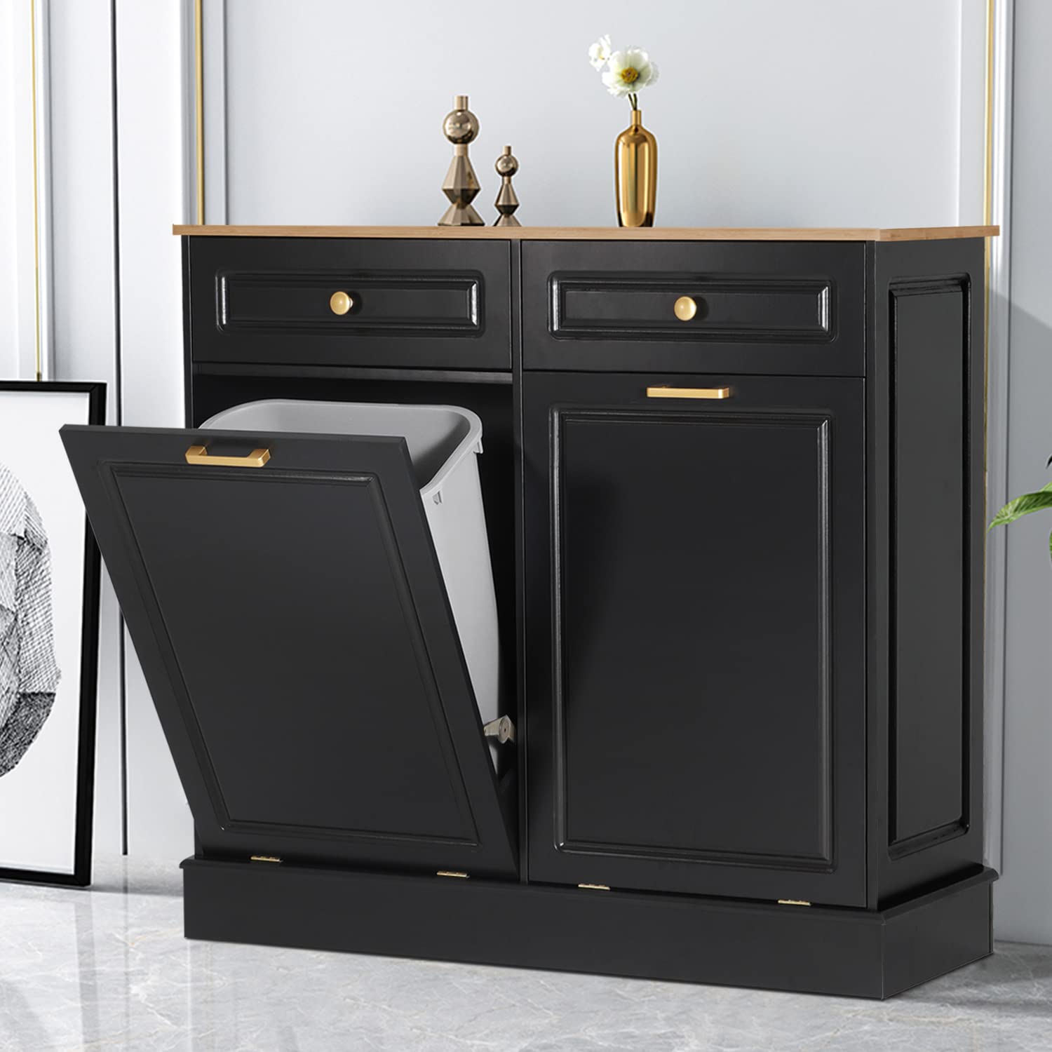 Anbuy Double Kitchen Trash Cabinet with Two Hideaway Drawers - Free Standing Recycling Bin Holder, Dual Tilt Out Design, Wooden Waste Storage Solution for Kitchen, Pantry or Laundry Room (Black)