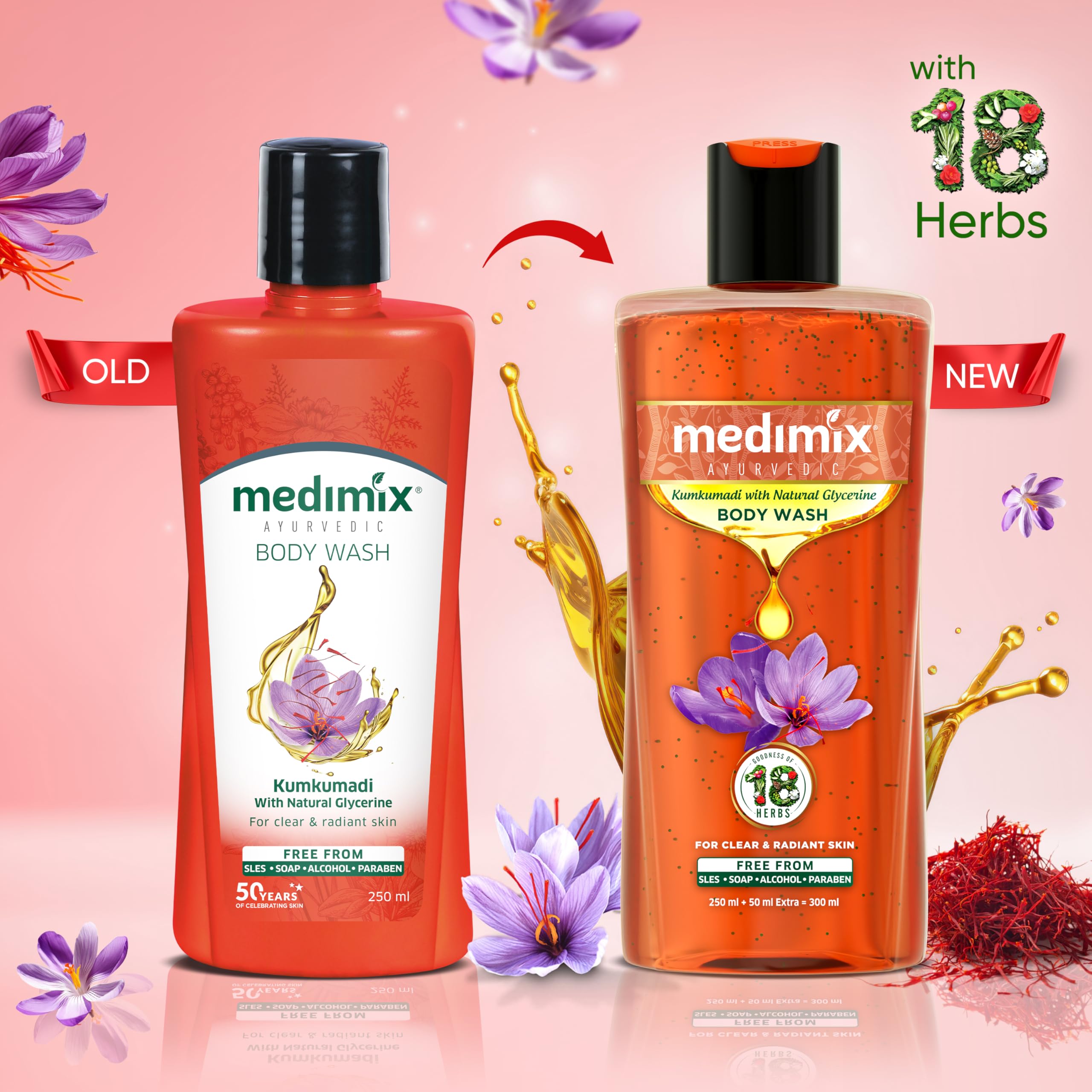 Medimix Ayurvedic Body Wash with Kumkumadi & Natural Glycerine - 250ml + 50ml | Herbal Shower Gel for Deep Hydration, Radiant & Glowing Skin | Paraben-Free, Sulfate-Free | Perfect for Daily Skincare Routine & Spa-Like Bath Experience