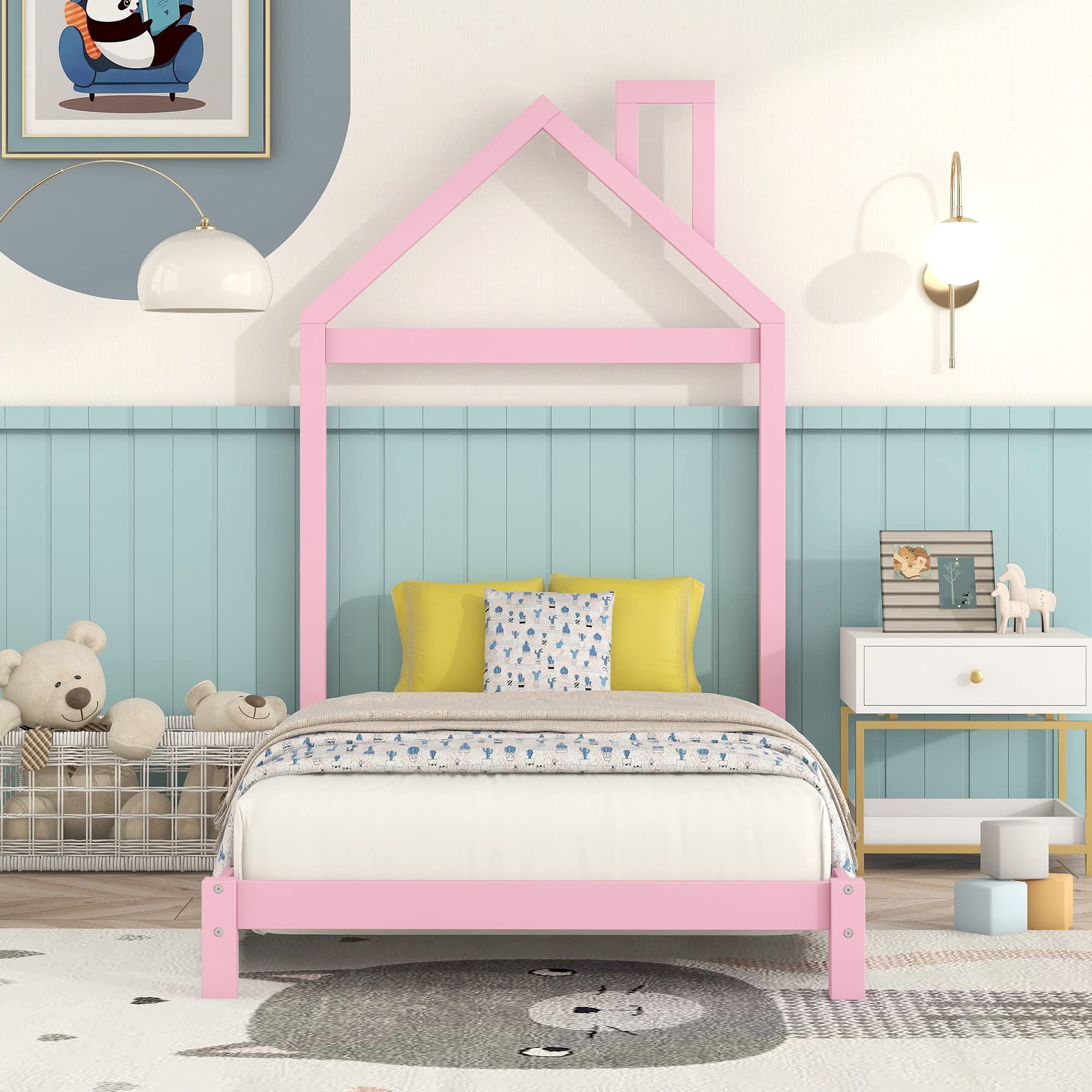 Pink Twin Size Platform Bed with House-Shaped Headboard - Low Profile Wooden Slat Support Bed Frame for Kids, Boys & Girls - Perfect for Bedrooms, Playrooms & Dorm Rooms