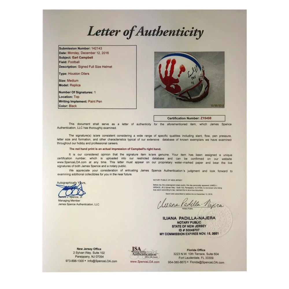 Earl Campbell Autographed Houston Oilers Helmet - Hand Signed with JSA COA - Rare Collectible Football Memorabilia for Sports Fans and Man Cave Decor