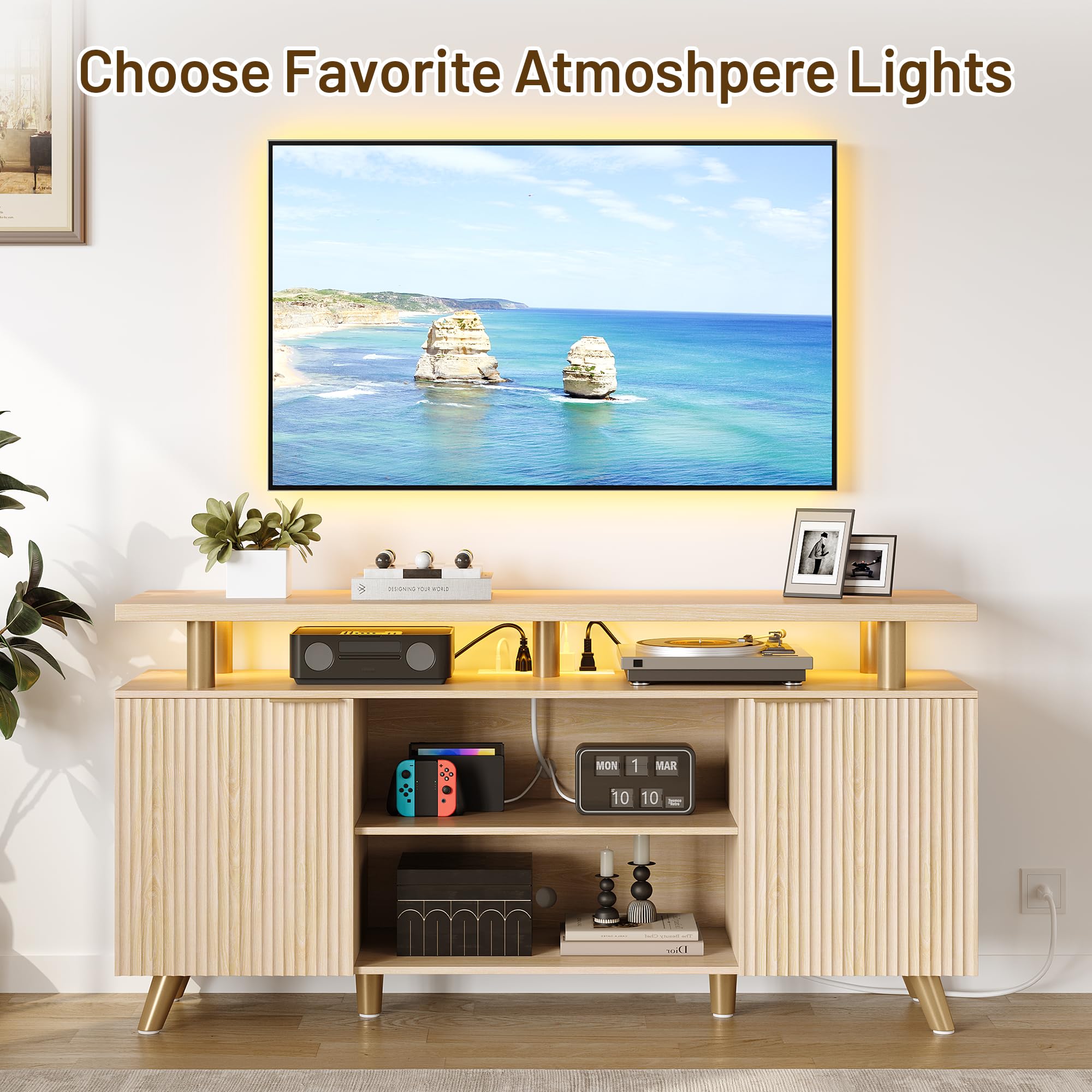 Lulive 65 Inch Fluted TV Stand with Power Outlet & LED Lights - Modern Wood Entertainment Center with 2 Cabinets & 3 Open Shelves - Natural Oak TV Console Table for Living Room (15.7